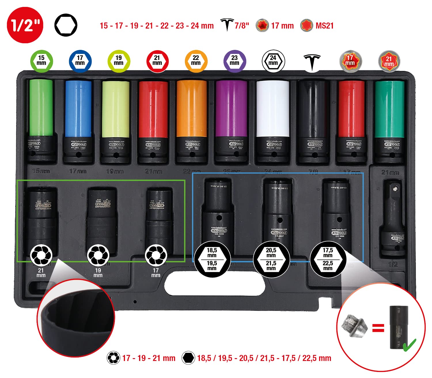 KS TOOLS 1/2" MASTER Kraft-Stecknuss-Satz für Radverschraubungen, 17-tlg