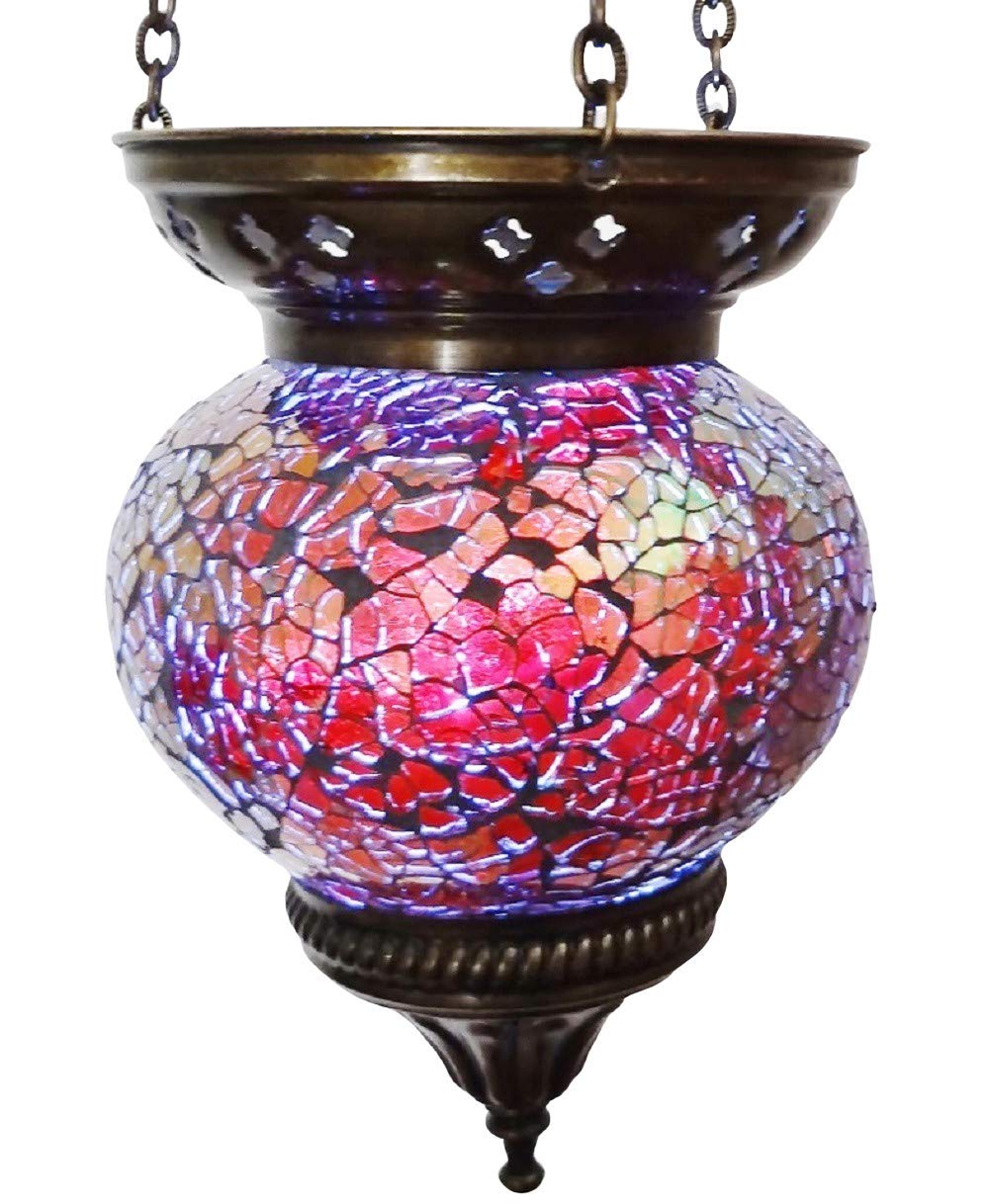 Crystal World Lamp 2 Moroccan Turkish Mosaic Hanging Lamp - Candle Holder Lantern - Bronze Effect - Handmade - Unique Crushed Glass Tiffany Style - Red