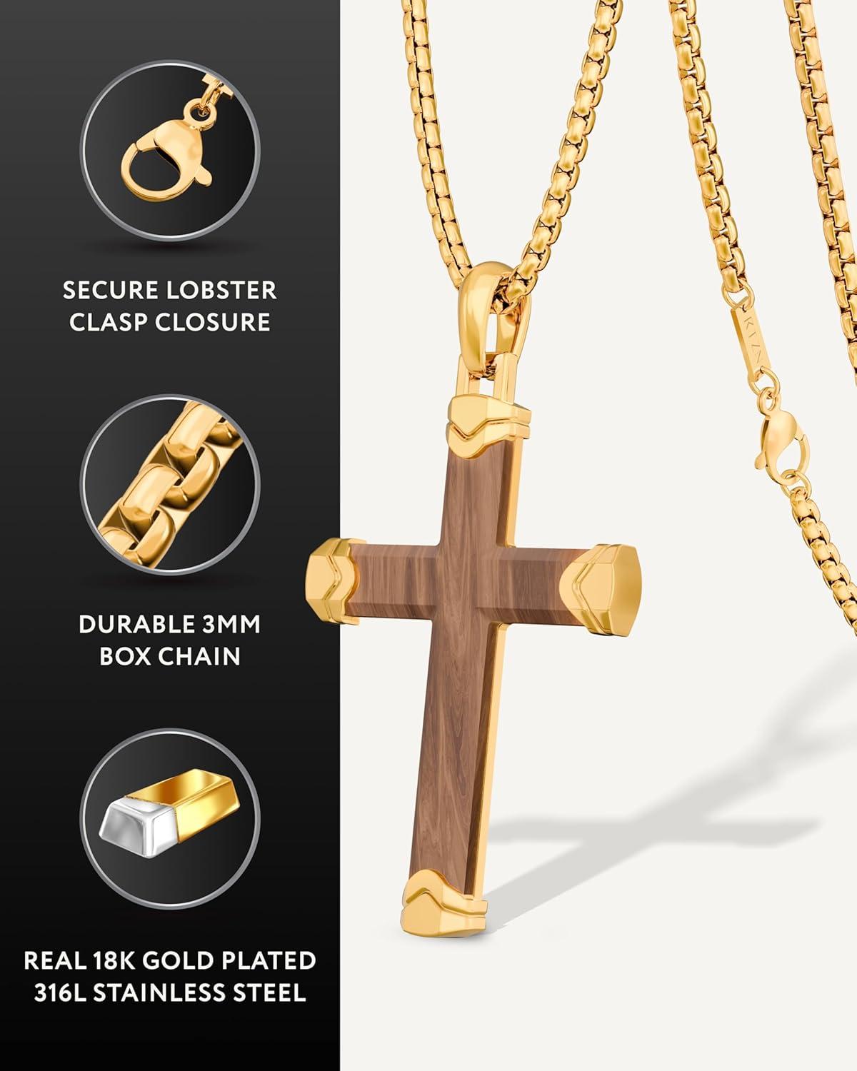 RTZN® Wooden Cross Necklace for Men – Premium Handcrafted Natural Ebony/Bubinga Mens Wood Cross Necklace Pendant with 3mm Stainless Steel Box Chain 22" + 2" Inch
