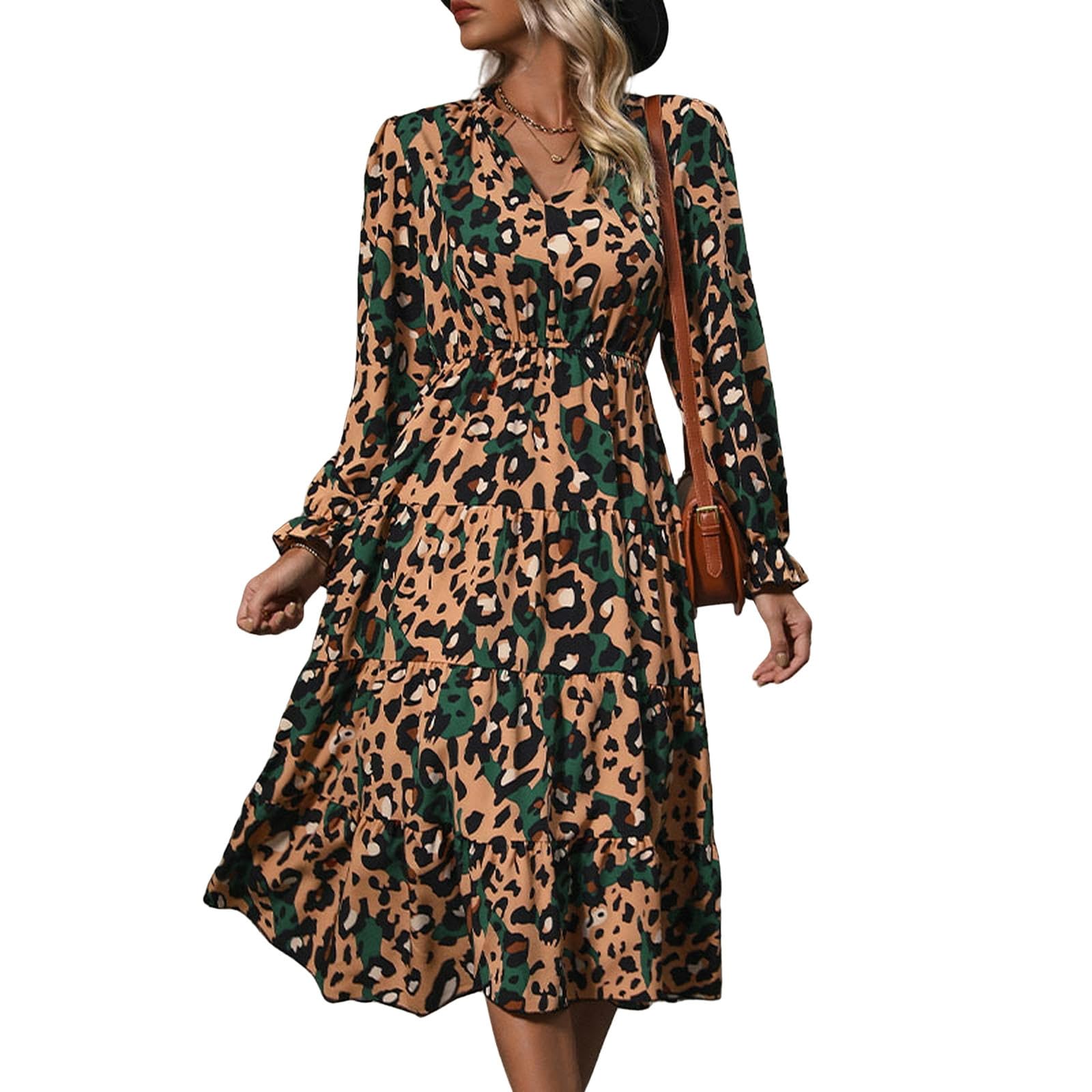 Vestido largo para mujer, cuello en V, estampado de leopardo, ribete con volantes, mangas largas campesinas, vestido casual acampanado, YYEFNMAZ