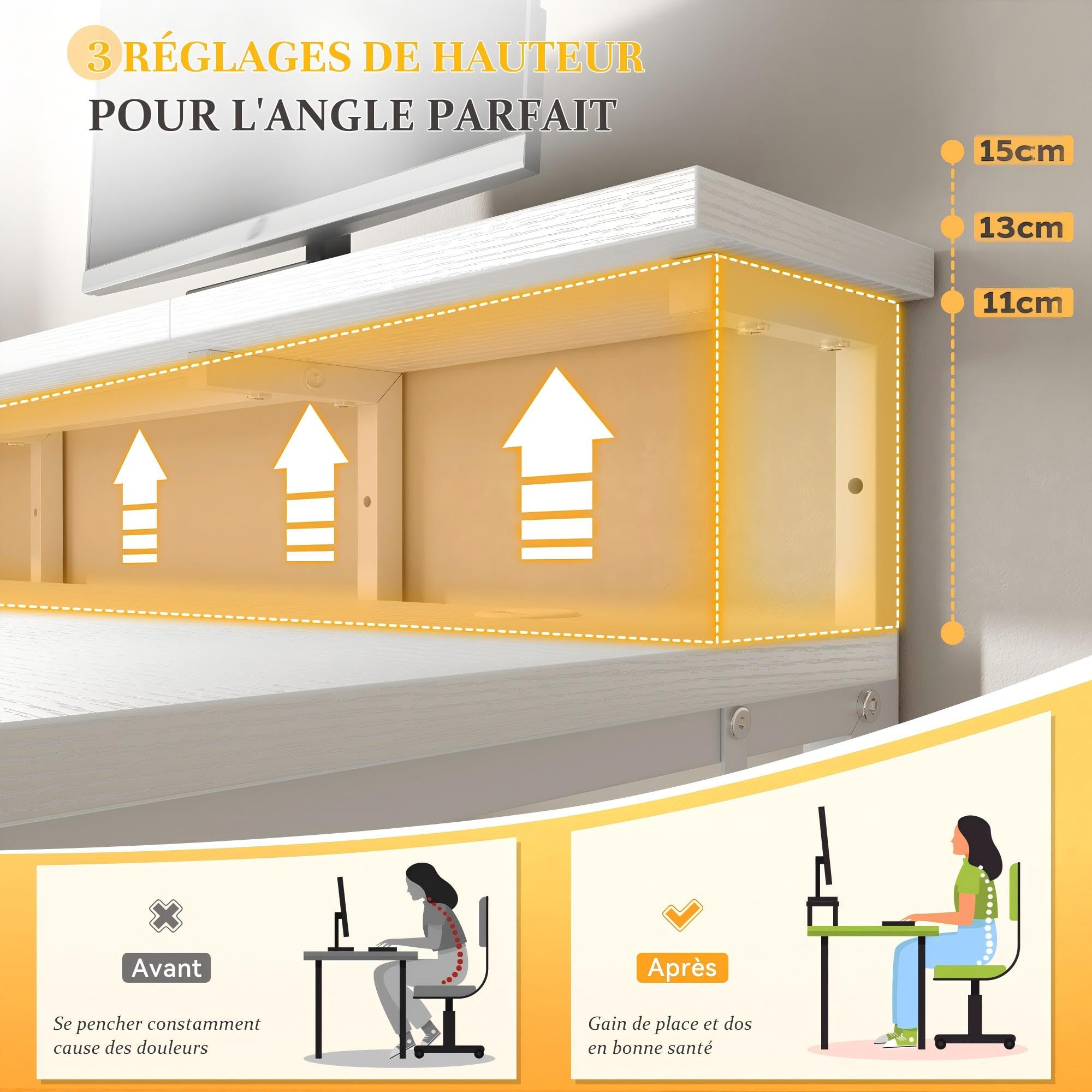 120x48 cm Rectangulaire Bureau pour Étudiant, Homeoffice,Gaming | Ergonomique Bureau avec Rangement 2 Tiroirs, 1 Rangement Suspendu, Support de moniteu, 3 Hauteur réglable, Crochet, Blanc