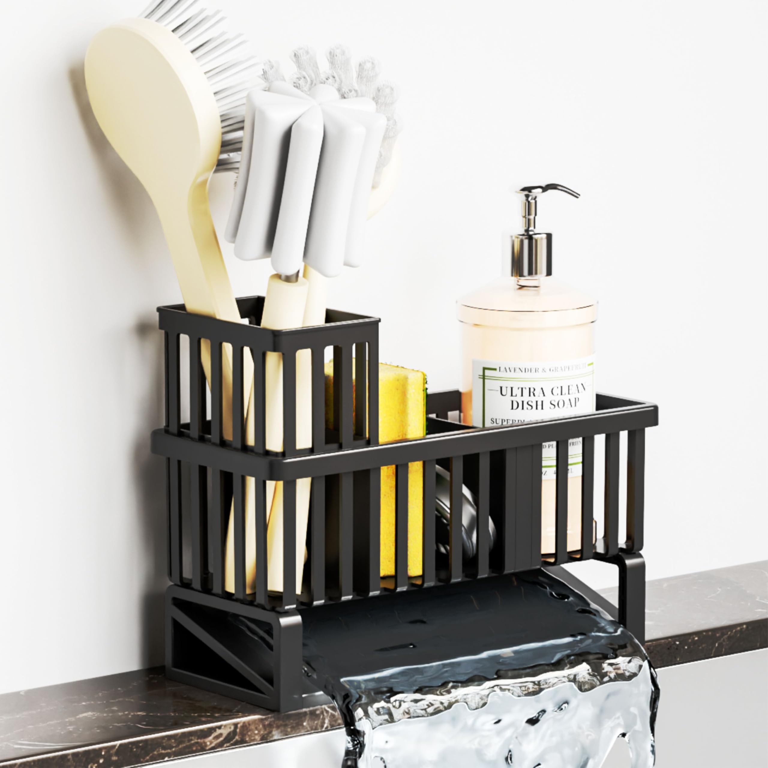 Yieach Rustproof Kitchen Sink Caddy Organizer Durable Plastic Scrubber Drain Dish Sponge Holder Dish Soap Rack and Dispenser
