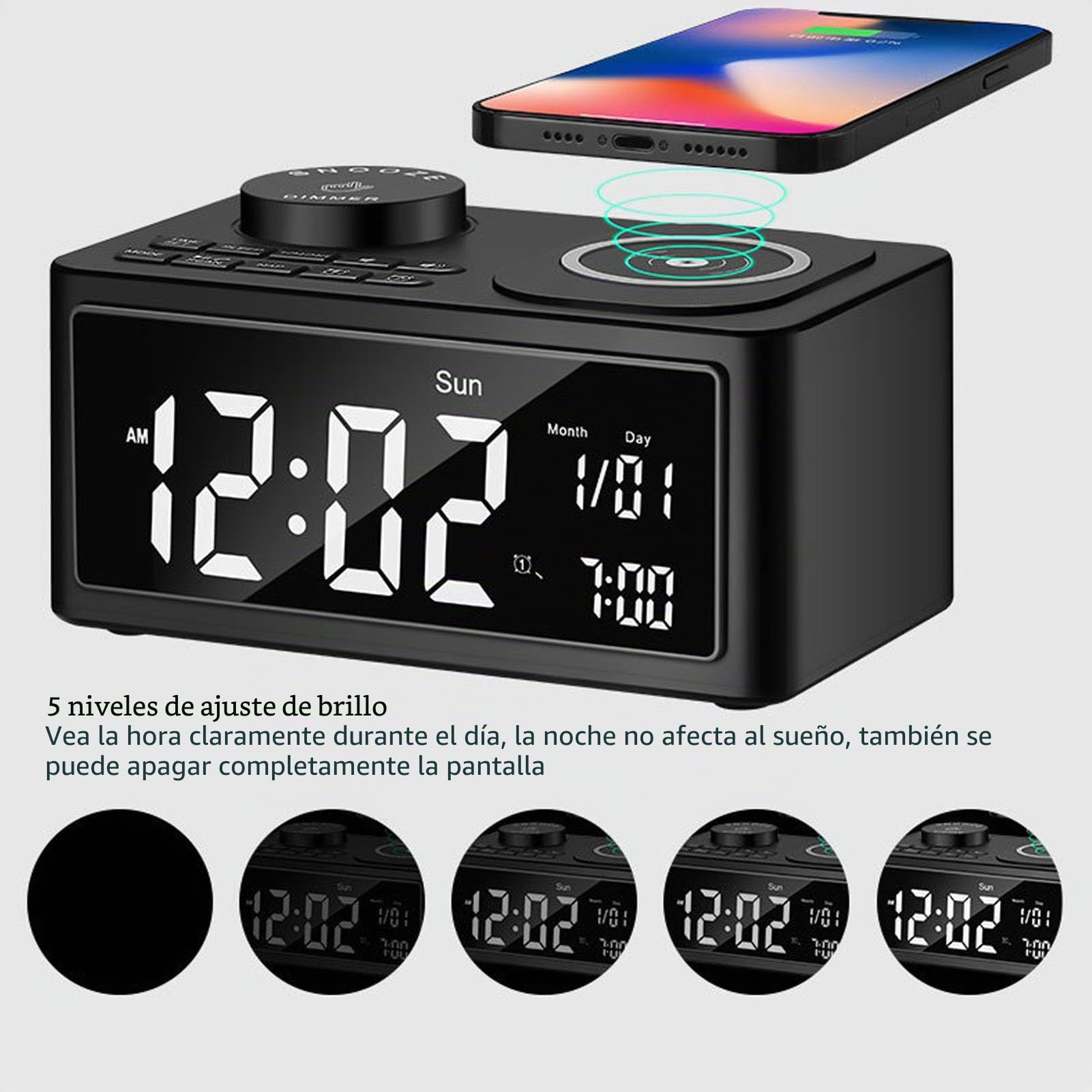 LICAEVEY Radio de Reloj de Alarma de Carga Inalámbrica 3 en 1 con Altavoz Bluetooth, Cargador Rápido de 15W, Alarmas Duales, Radio FM y Micrófono Incorporado para (Enchufe de la UE)