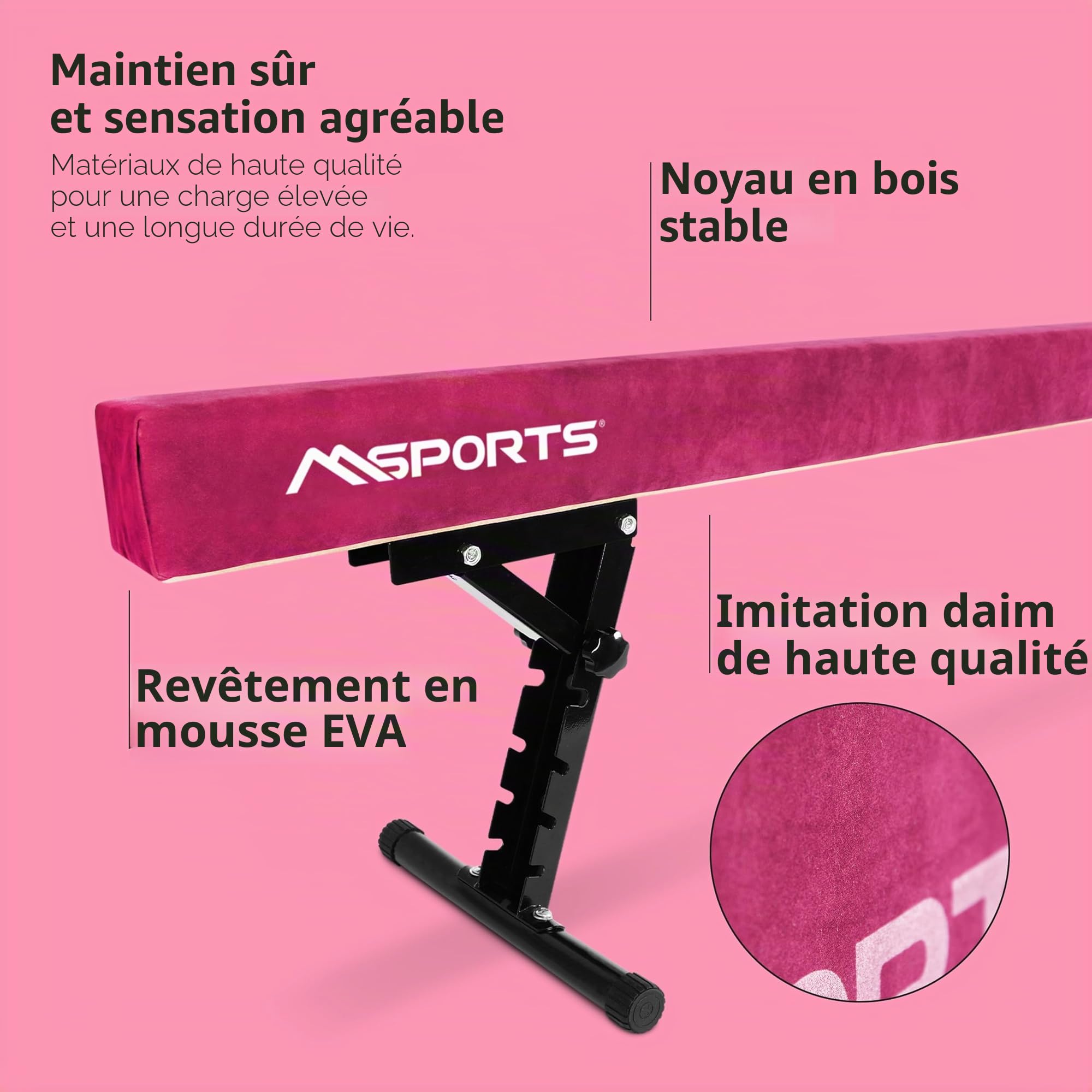MSPORTS Poutre d'équilibre de qualité supérieure réglable en hauteur - 245 cm - Pour enfants et adultes - 5 niveaux de hauteur (18 à 56 cm) - Pour la maison ou le club - 5 couleurs