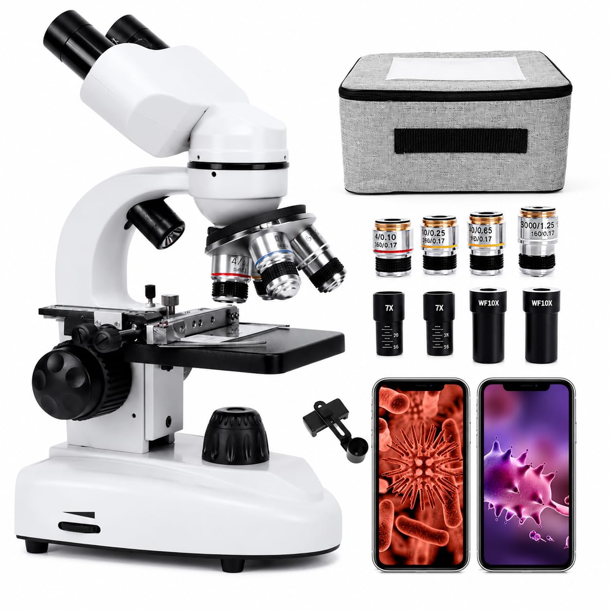 Microscopio biologico HD 30000X 50000X 70000X con custodia per il trasporto, set binocolo con doppio LED e adattatore per telefono