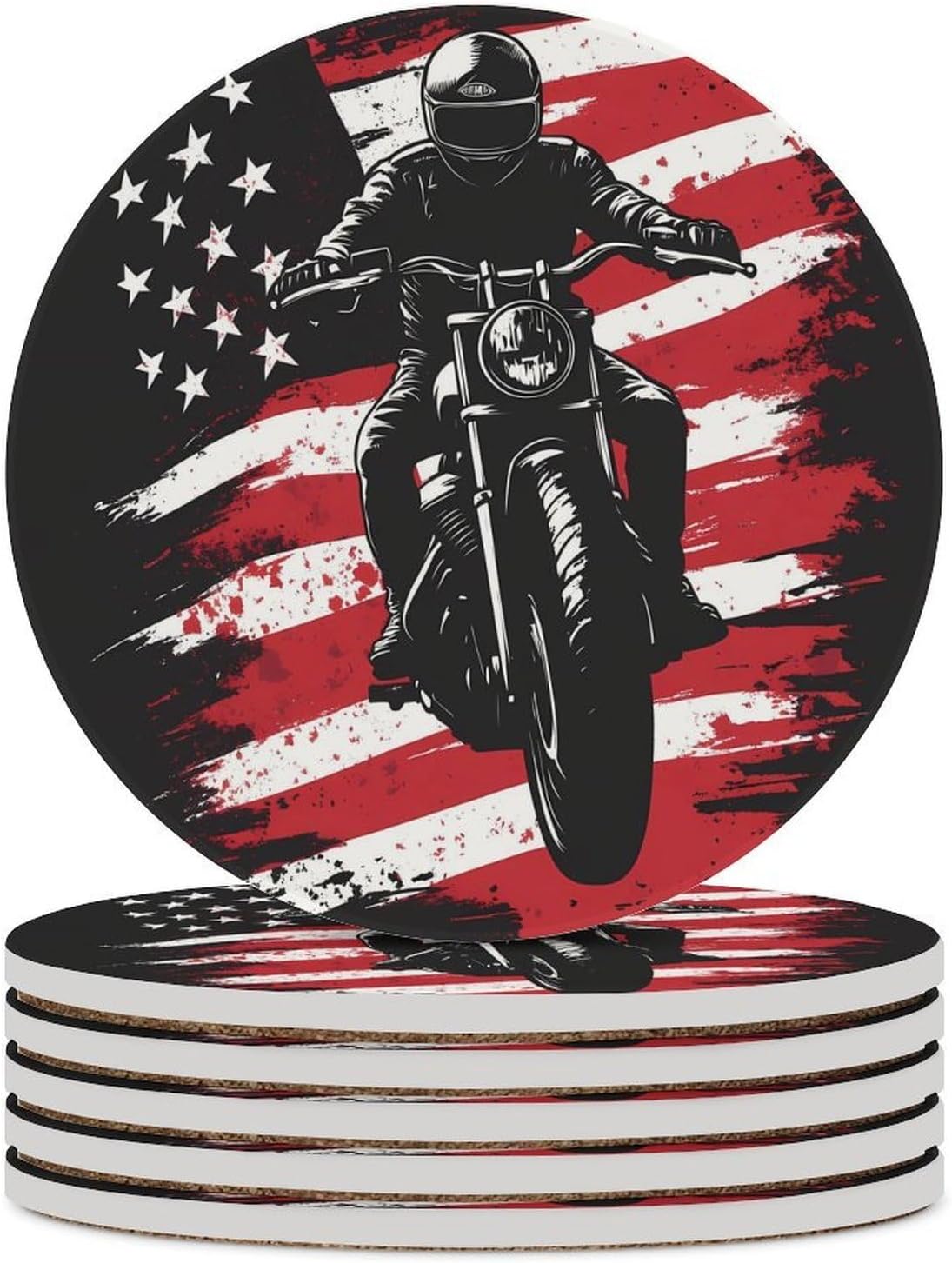 Motorbike Got Dirt U.S. Flag Funny Round Ceramic Coasters for Drink Absorbent Cup Holders Tabletop Protection