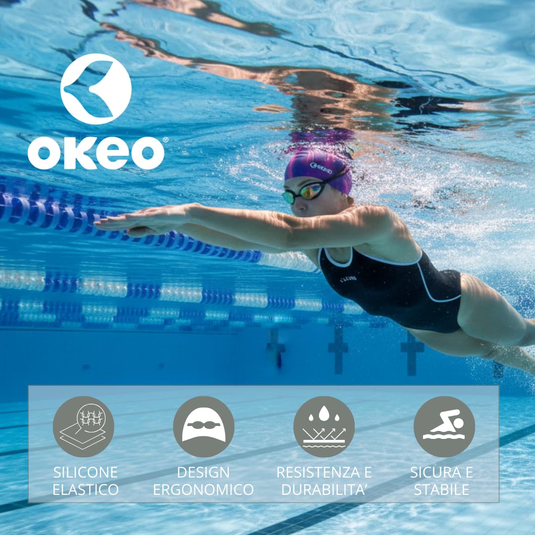 Okeo Cuffia Piscina Donna e Uomo in Silicone – Cuffia Nuoto Multilines Arancione, Elastica e Impermeabile