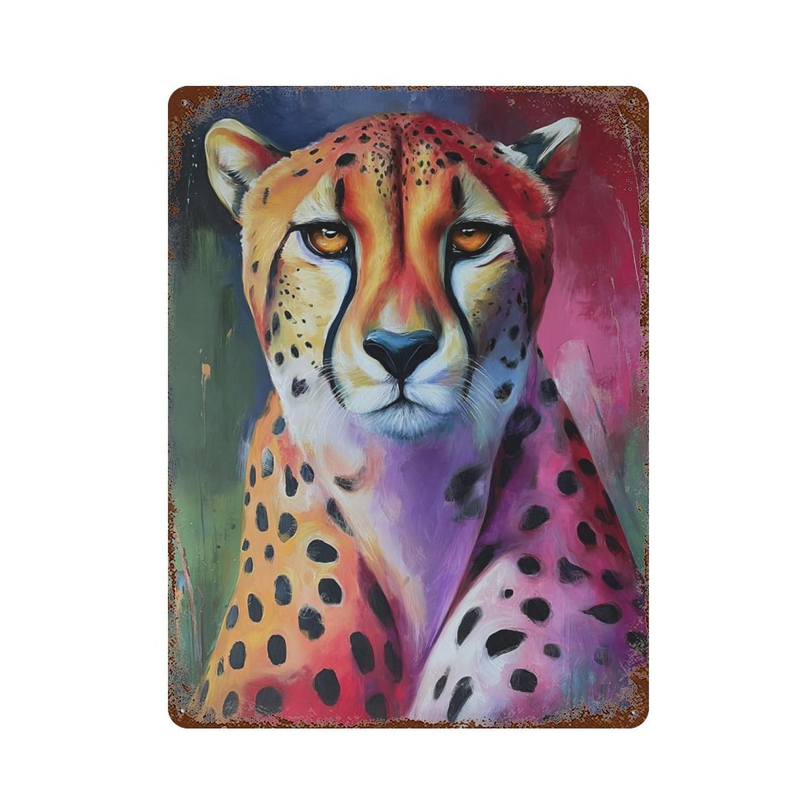 Weathered Tin Sign Colorful Cheetah Portrait Painting 15.7"x11.8", Rustic Home Decor for Basement, Hobby Room And Garage Decor