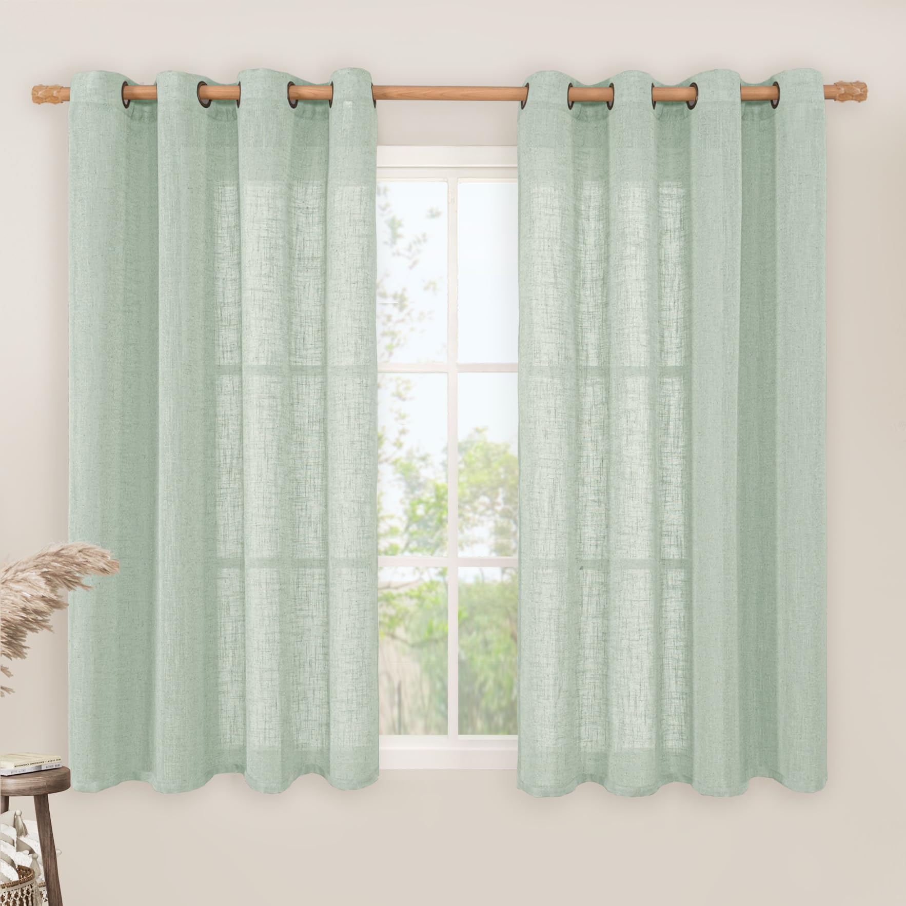 LAMIT Light Sage Linen Curtains 45 Inches Long for Bedroom, Semi Sheer Light Filtering Panels Bronze Grommet Neutral Drapes for Kitchen/Window/Bedroom, 2 Panels Set, 52 x 45 Inch — image 1