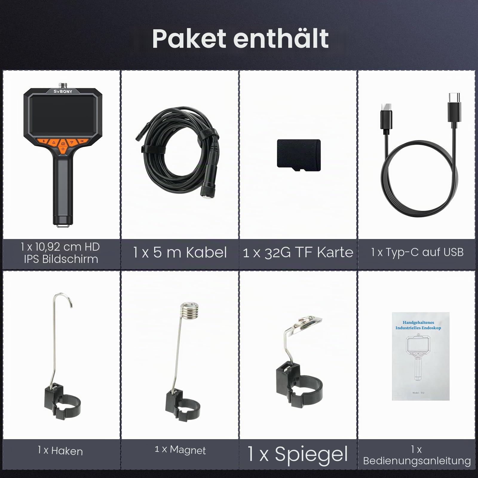 SVBONY SM501 Endoskopkamera mit Licht, 4.3'' IPS HD Teleskop Amera, Aufnahme von Videos und Bildern, 32G TF Karte, Inspektionskameras, IP67 wasserdichte, 8 LED Lichtern, Cool Gadgets for Men