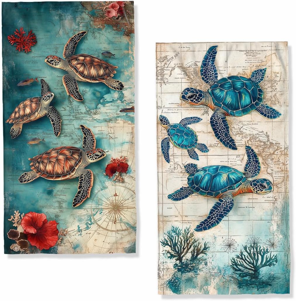 Sea Turtle Bath Hand Towels Set of 2 Absorbent Antique Nautical Map Teal Watercolor Decorative Hand Towels Set for Bathroom Gym Hotel Spa Bathroom Hand Towels Gifts for Women Man 14"x28"