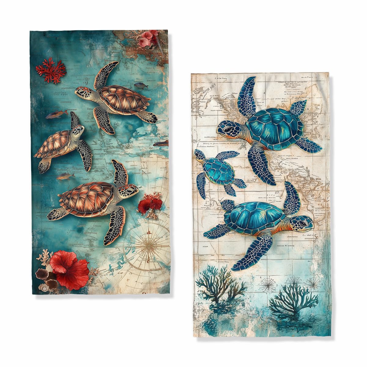 JLSTK Sea Turtle Bath Hand Towels Set of 2 Absorbent Antique Nautical Map Teal Watercolor Decorative Hand Towels Set for Bathroom Gym Hotel Spa