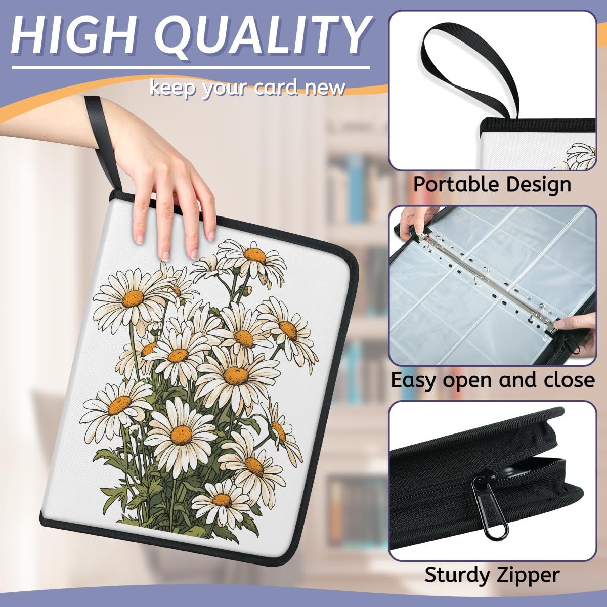 Raccoglitore per carte con 9 tasche, 900 tasche, con chiusura a cerniera (margherite bianche)