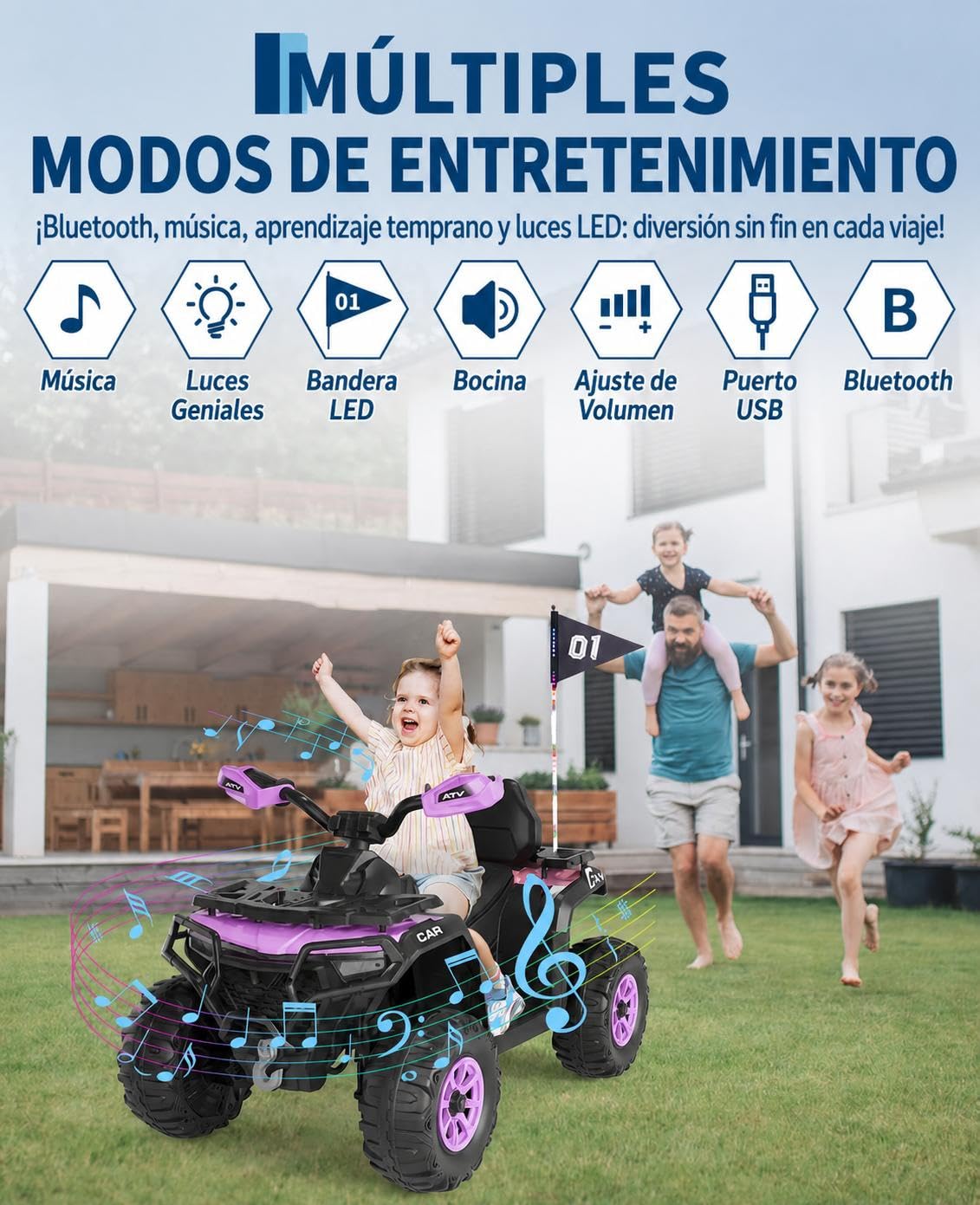 Garvee Elektryczny quad dla dzieci 12 V, elektryczny samochód terenowy z 2 silnikami, pilot rodzicielski, zawieszenie, reflektory LED, muzyka, Bluetooth, USB, świecąca flaga, od 3 lat