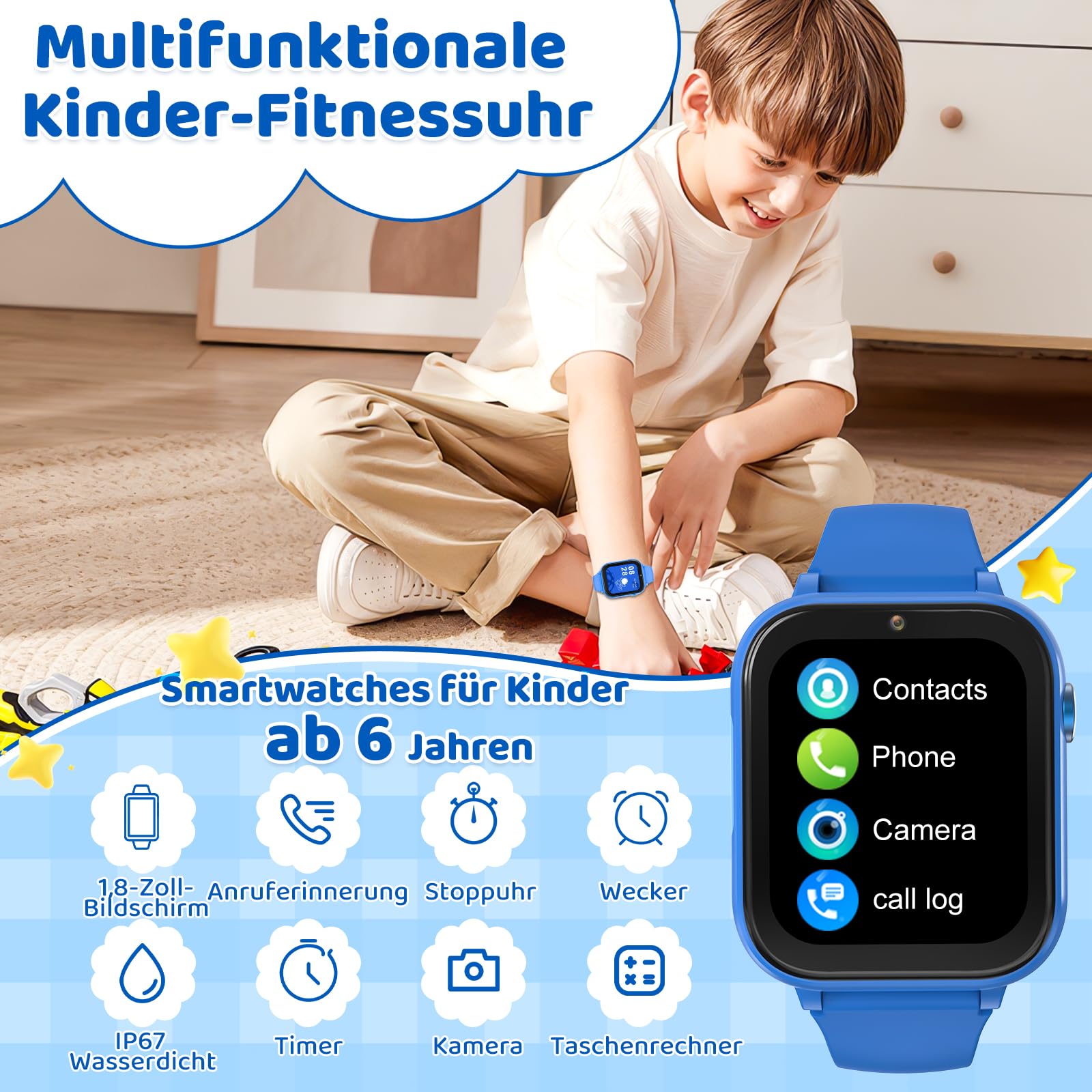 4G Reloj inteligente para niños con función de llamada de voz, reloj de teléfono, reloj para niños con cámara de fotos juegos despertador pantalla táctil función llamada impermeable IPX7, azul
