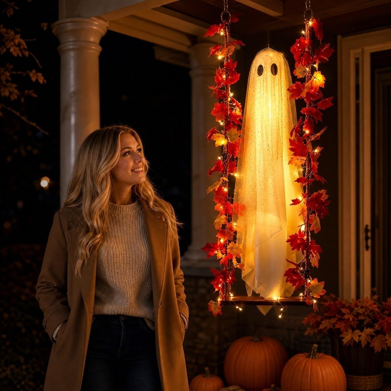 Wiszący duch na Halloween, dekoracja ze światłem LED i huśtawką w kształcie liścia klonu, zdalnie sterowana dioda LED, do użytku wewnątrz i na zewnątrz, na drzewo, werandę, jesienną girlandę