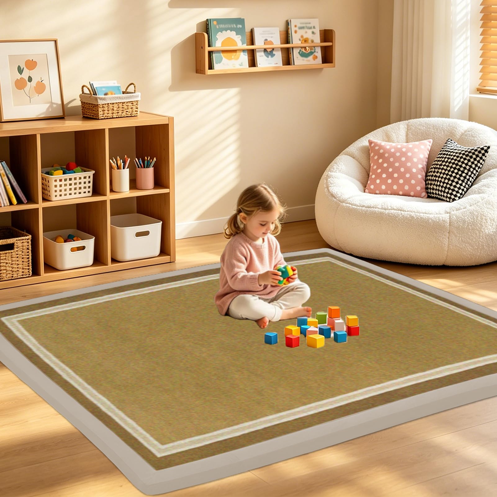 RZUMXOPY Kids Rug 180 x 200 cm Thick Baby Play Mat Foam Floor Padded Playmats for Babies Childrens, Soft Playpen Tatami Mat for Crawling & Playing, Non-Slip Bottom Olive Green