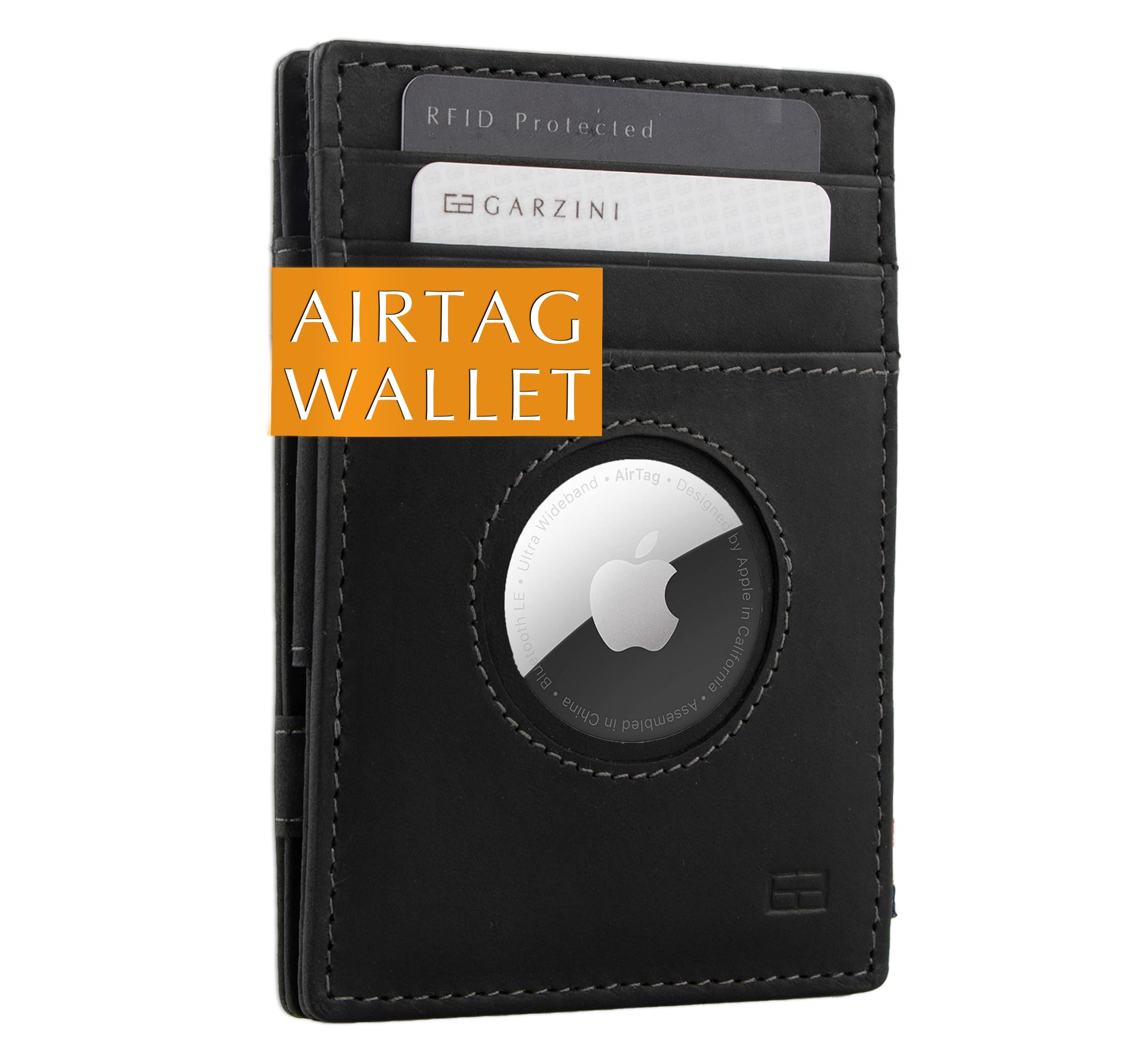 GARZINI Magic AirTag Wallet, Mens Wallet with Airtag Holder, Minimalist Wallet with RFID card holder, Leather Wallet for 10 cards, Carbon Black