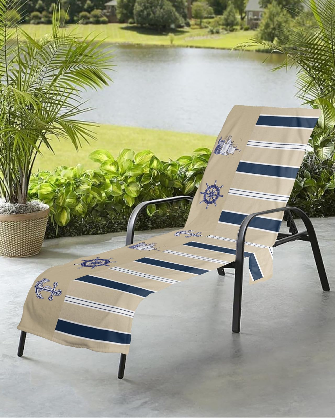 Ocean Beach Chair Towel Covers for Chaise Lounge With Side Pocket, Soft Plush Pool Towels Cover for Patio Sunbathing Outdoor 29''x85'' Anchor Sailboat Navy Blue Beige Summer Beach
