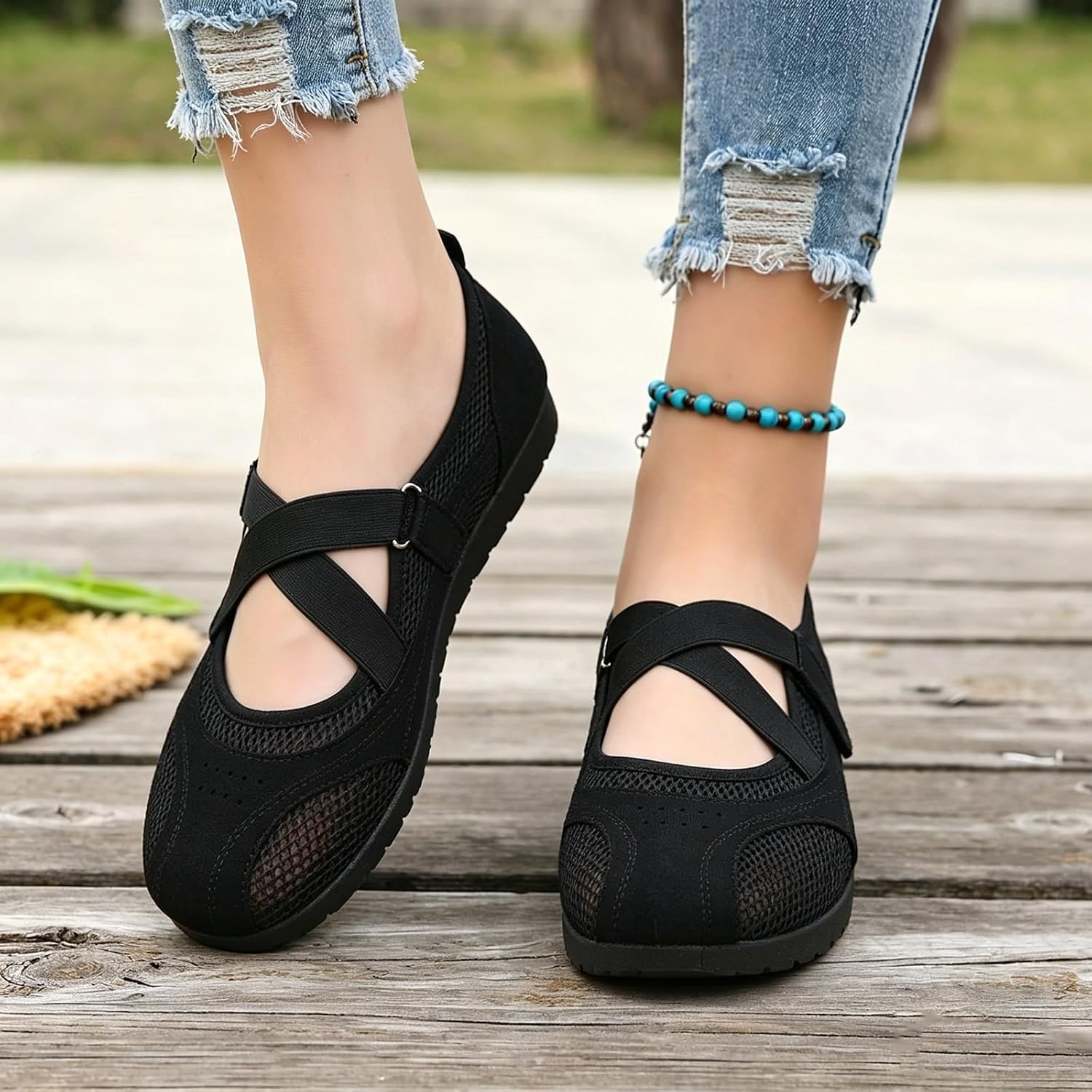 Mary Jane Shoes for Women Breathable Mesh Round Toe Ballet Flats Lightweight Wide Toe Box Adjustable Strap Ballet Sneakers Comfortable Slip On Soft Sole Maryjane Flats