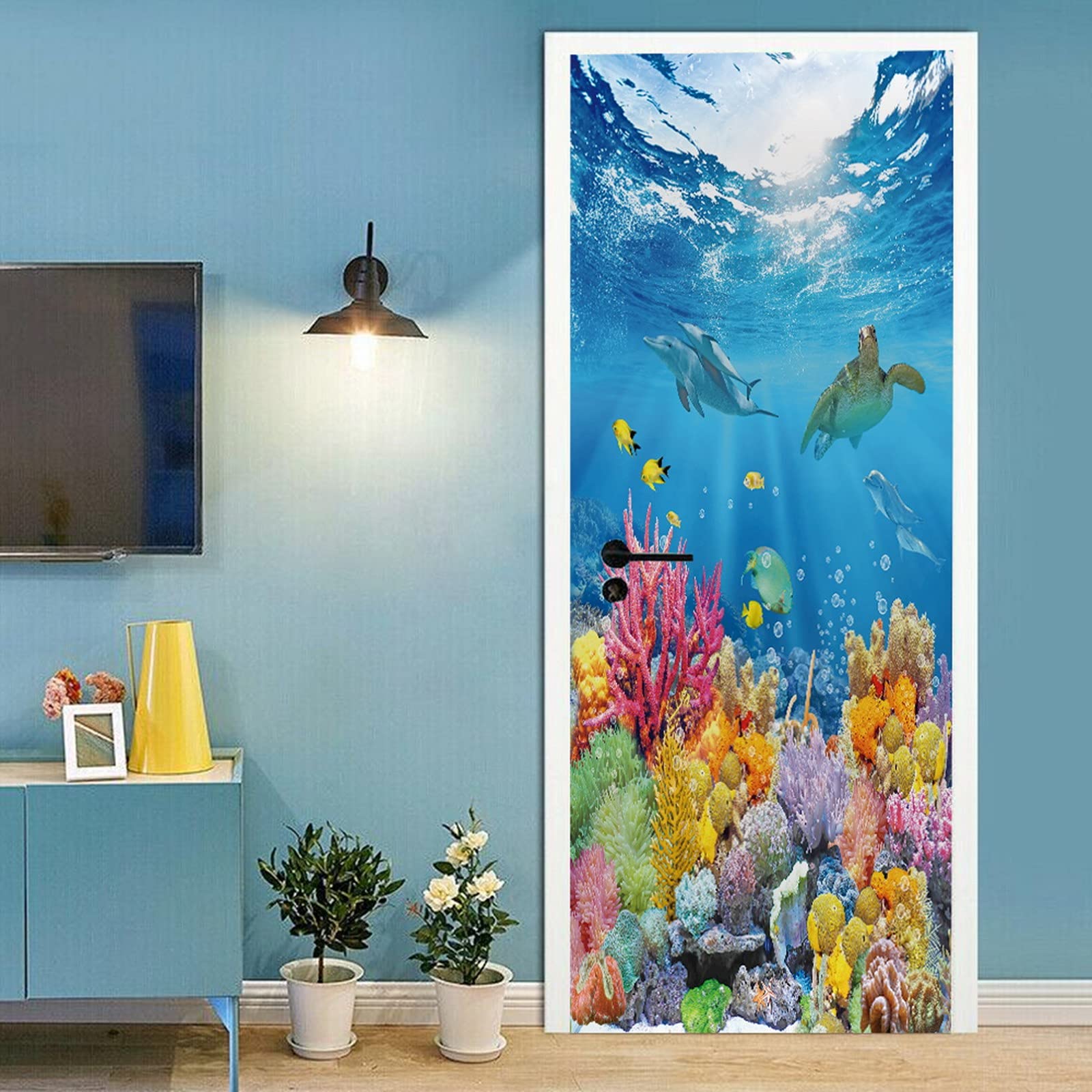 A.Monamour Adesivo Porta Autoadesiva Mondo Marino Sottomarino Pesce Tropicale Barriera Corallina Delfino Tartaruga Vinile PVC Adesivi per Porte 3D Pellicola Adesiva Poster Sticker Murale Parete
