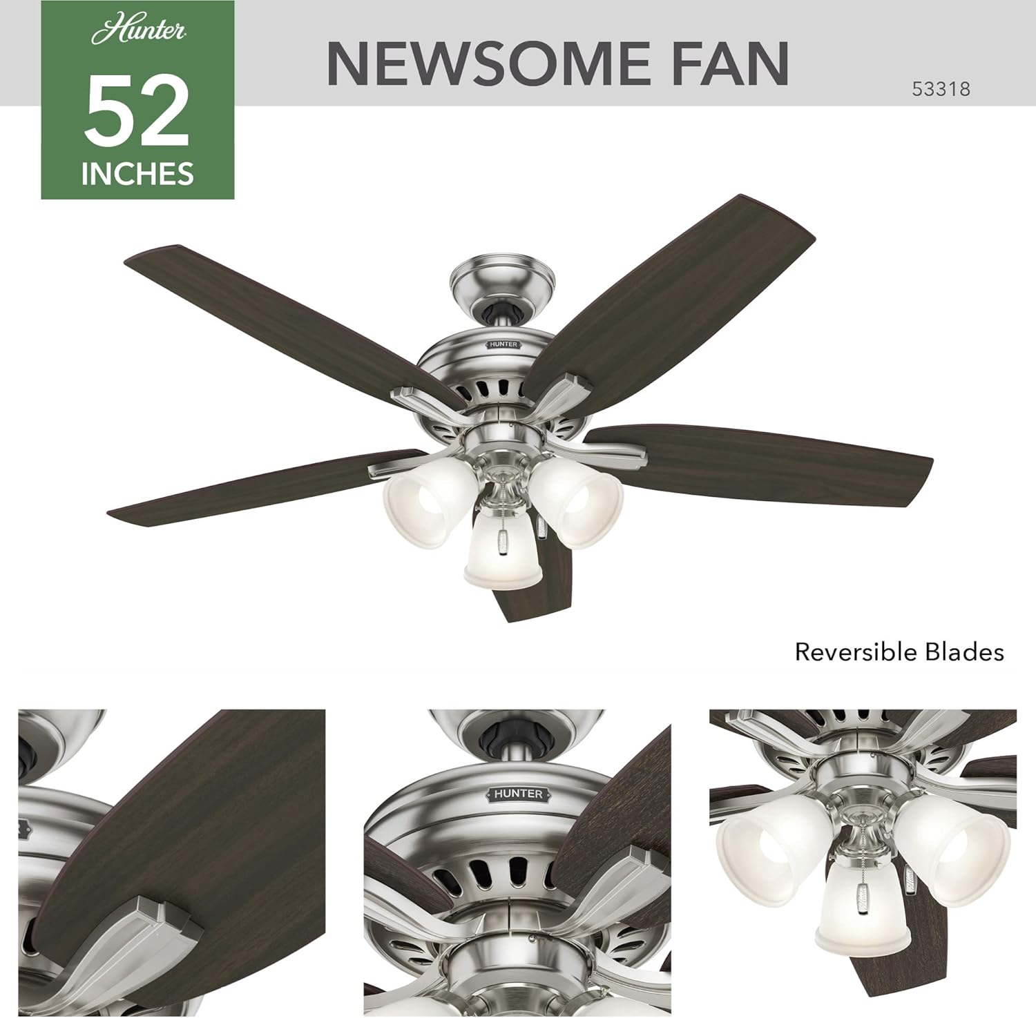 hunter 52 inch indoor ceiling fan with led lights - ceiling fan with pull chain, for bedroom or living room, standard mount, no remote, 5 blades, includes bulbs - newsome 53318, brushed nickel