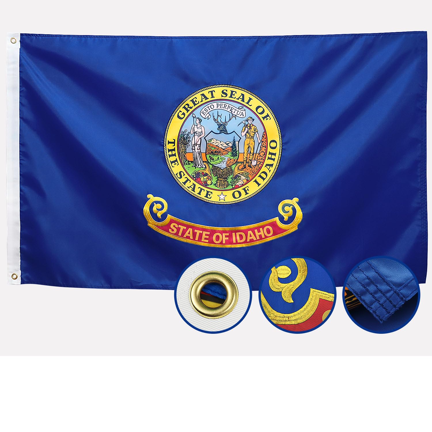 Double Sided Idaho State Flag 3x5 Outdoor The Longest Lasting ID Flags Heavy Duty 210D Nylon, Sewn Stripes, Embroidered, Stronger Brass Grommets,4