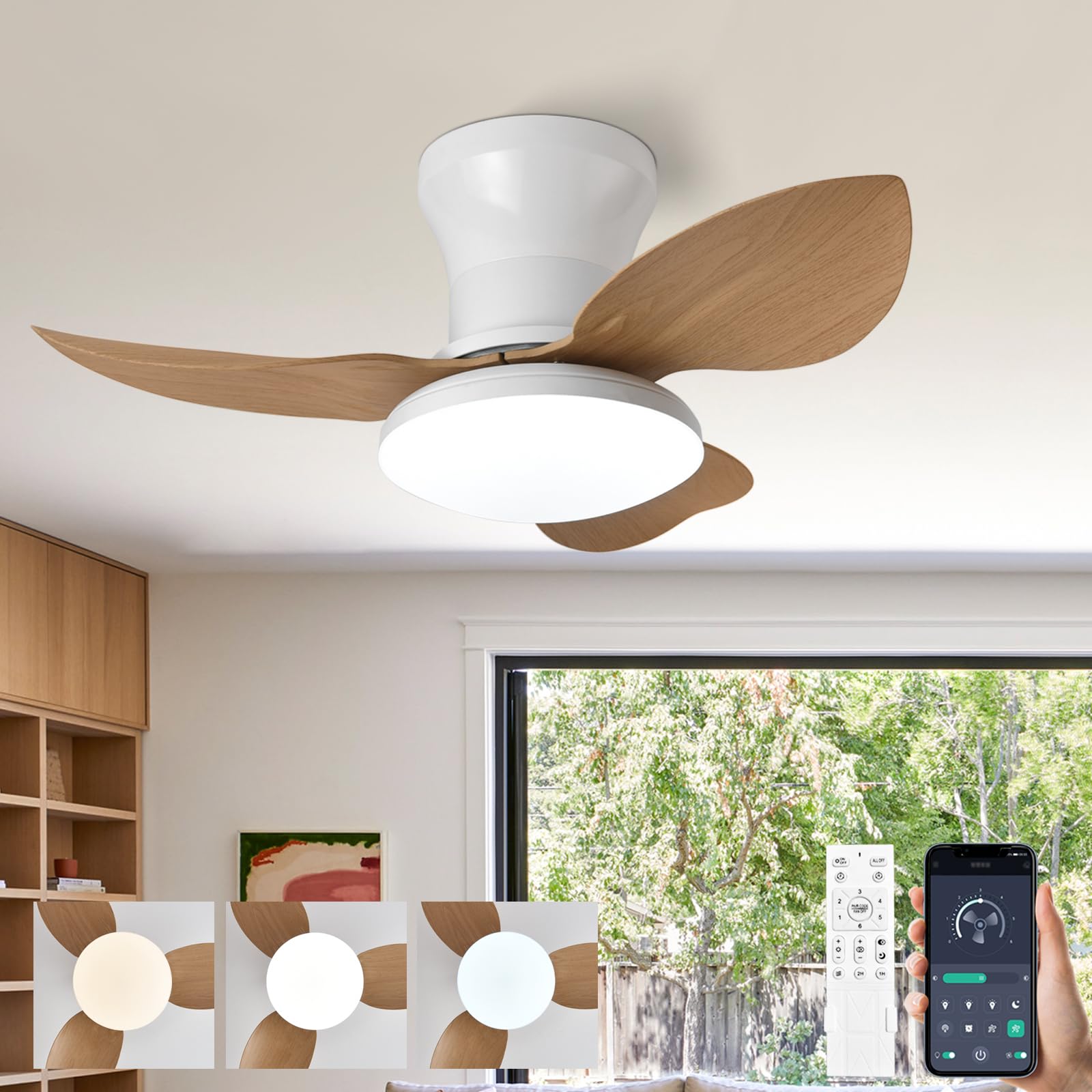 SXDMOUBK Ceiling Fan Chandelier with Remote 3 Blades Quiet Operation Reversible DC Motor Dimmable LED Light Fixture for Bedroom Living Room Office Wood Grain Finish