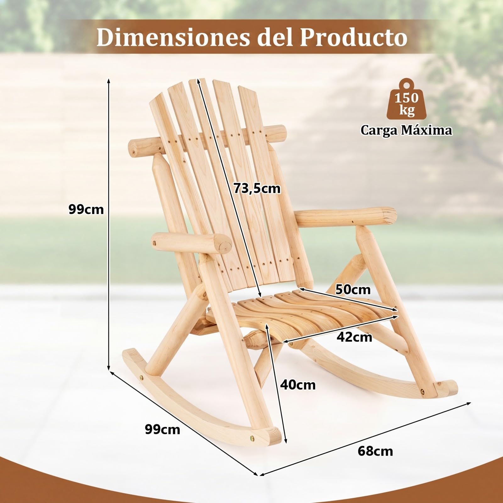 COSTWAY Silla Mecedora Adirondack, Mecedora de Madera Maciza con Asiento Curvado y Respaldo Alto, Mueble Balancín de Exterior Jardín Porche Terraza, Carga 150 kg, 99 x 68 x 99 cm