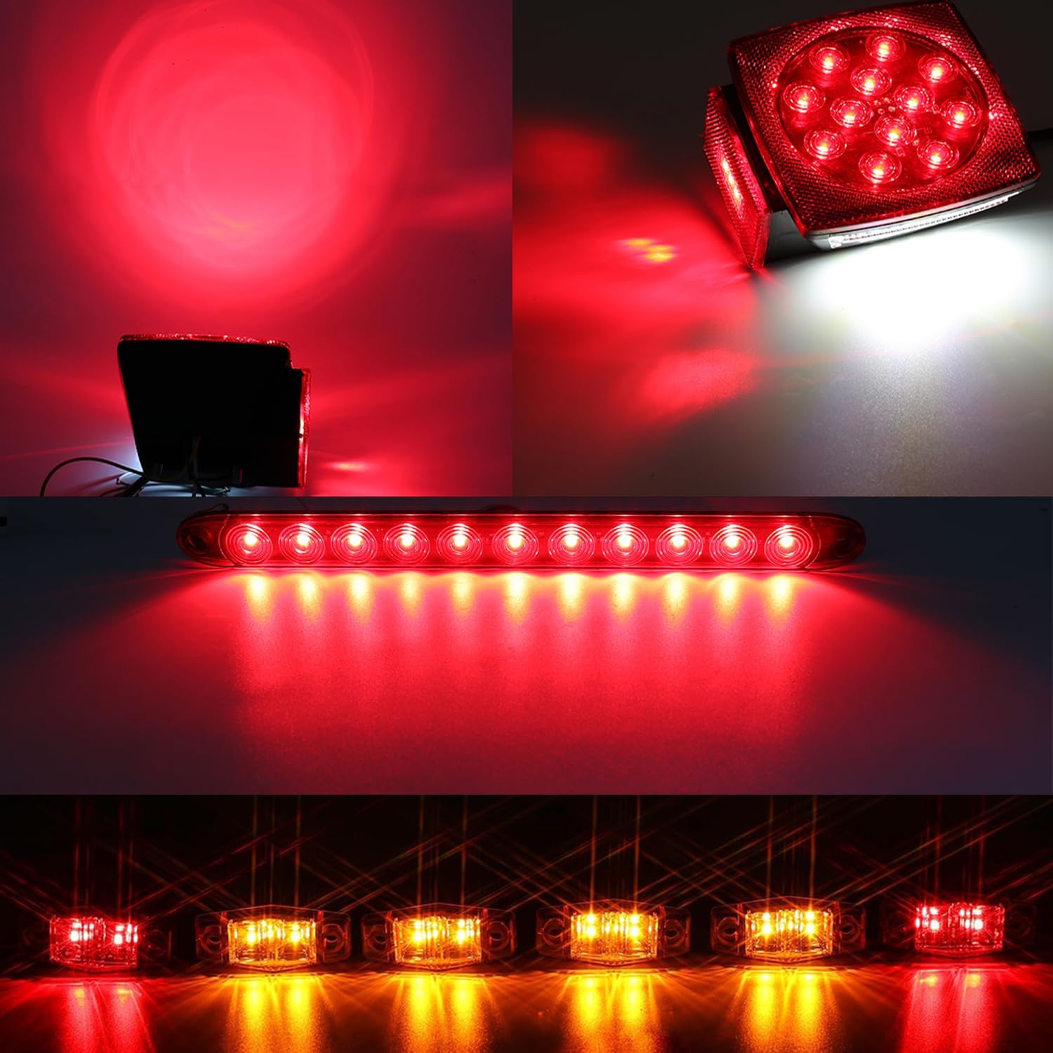LIMICAR LED Boat Trailer Lights Kit, Submersible Square Stop Turn Tail Lights, 6 Marker Lights, 15" 11-LED 3rd Brake ID Bar, 25FT Heavy-Duty Protective Wiring Harness for Utility RV Camper Under 80"