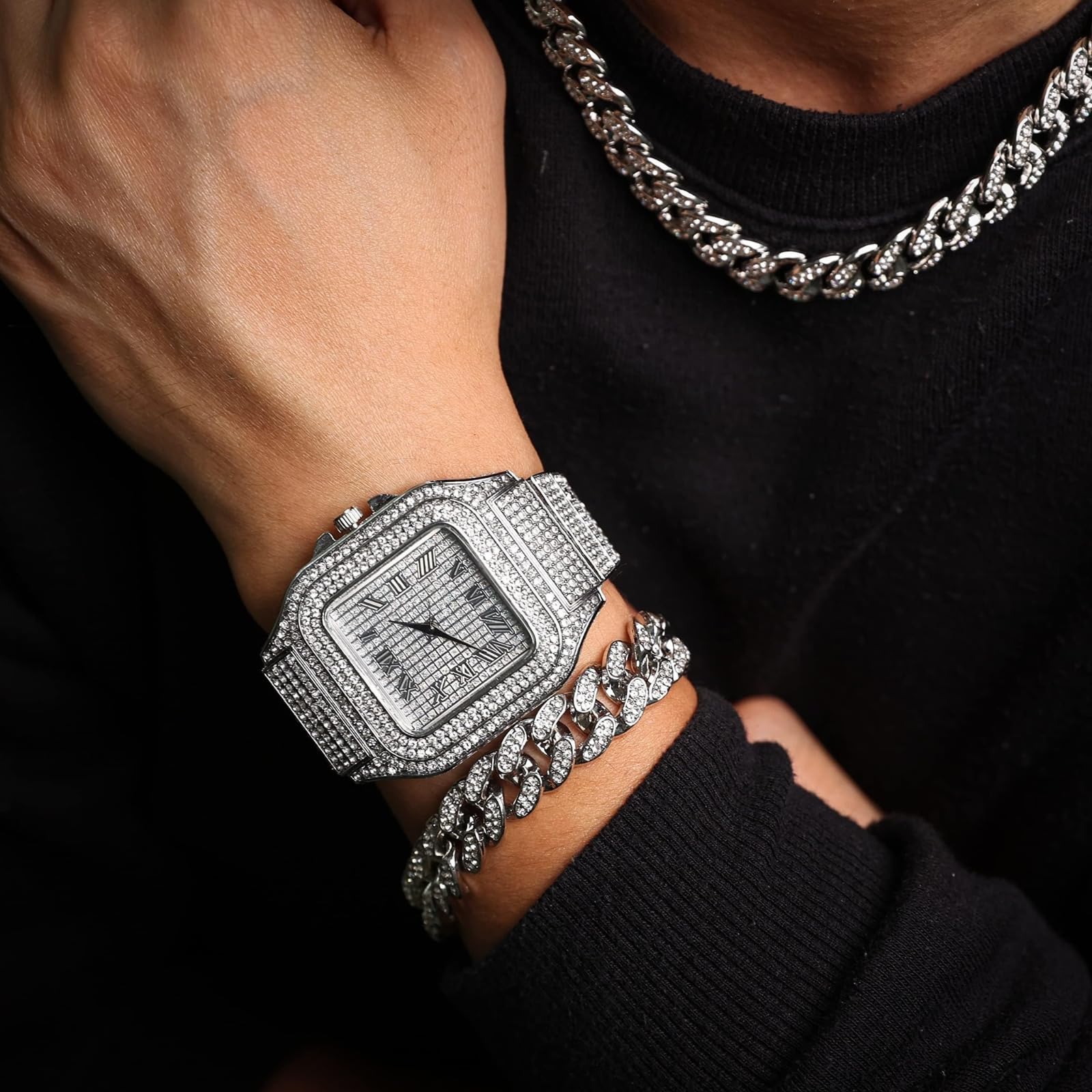 Halukakah Reloj de Diamante para Hombre ● Rey ● Chapado en Oro/Platino de 18 Quilates, Pulsera engastada con Diamantes de Laboratorio, con Pulsera de Collar Cubano, Caja de Regalo Disponible
