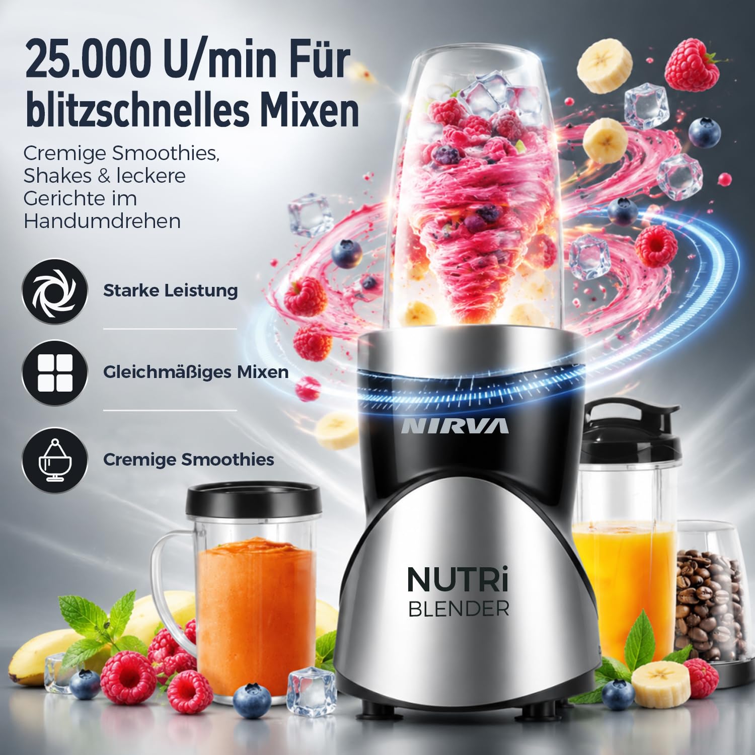 Nirva 4 in 1 Mini Mixer, Smoothie Maker mit 4 Tragbare, Mixbechern Zweiblatt und Vierblatt Edelstahlklingen,Blender elektrisch für Shake, Multifunktionsmixer für Ice, Obst, Gemüse, Nüsse