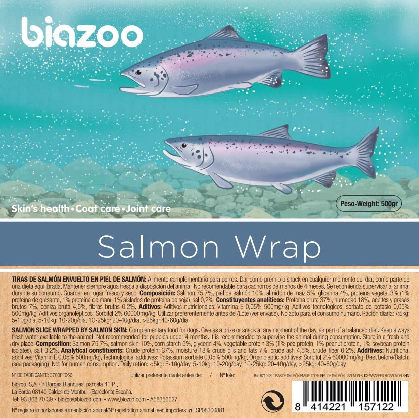 Biazoo Lachsstreifen mit Lachsleder, 500 g, für Hunde, geeignet für alle Rassen und Größen, sehr verdaulicher Snack mit hohem Proteingehalt