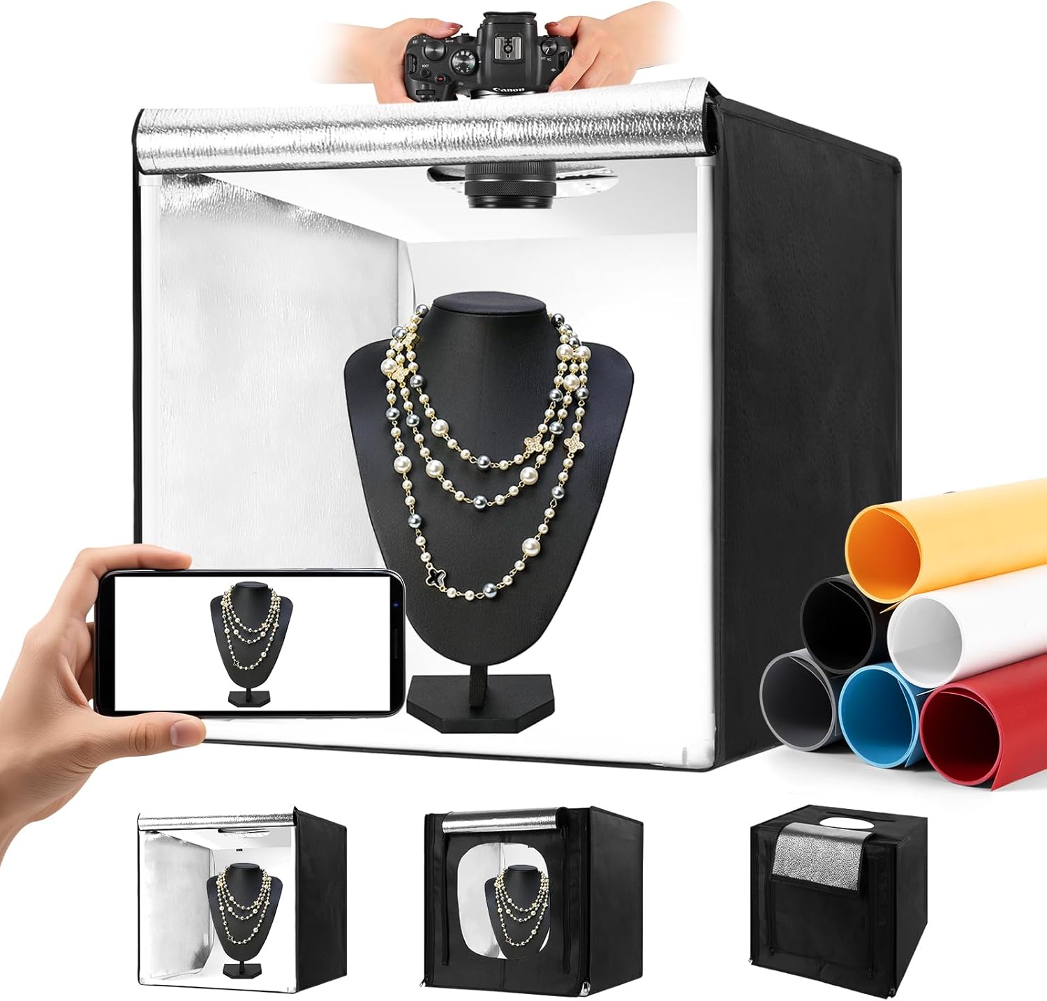 Photo Light Box, Portable 12/16/20/24/32 Inch Photo Studio Light Box, Shooting Tent Kit with 243 Light Beads and 6 Color Backdrops.Lightbox with 3 Stepless Dimming Light Boards for Product Photography 20" x 20"