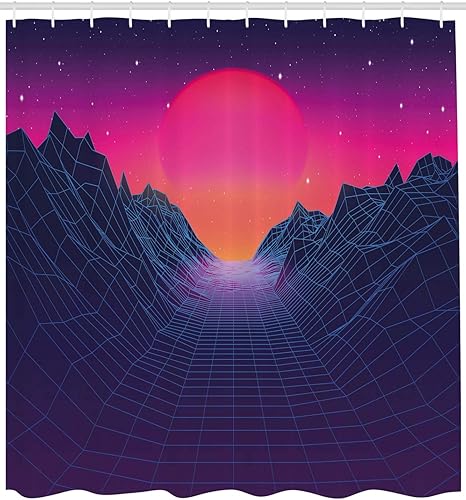 Miniatura 2 de Ambesonne Synthwave Shower Curtain, 80's Artwork Illustration of Grid Mountains and Sun Ombre Sky, Cloth Fabric Bathroom Decor Set with Hooks, 69" W