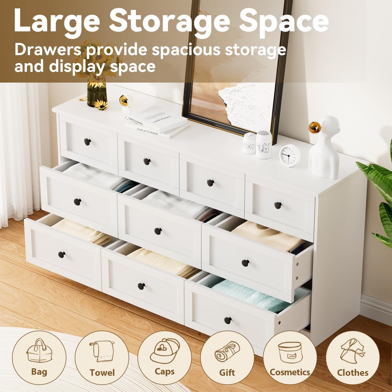 CHUWELL 10-Drawer Dresser with drawers open, showcasing ample storage for various items like clothes, bags, and accessories.