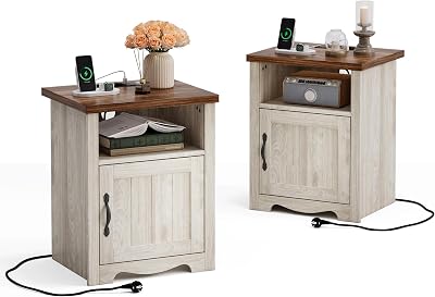 LINSY HOME Nachttisch 2er Set, 48cm Breit Holz Beistelltisch mit Steckdose, Nachtschrank für Schlafzimmer, Wohnzimmer, Couch mit USB Ports und Steckdosen, Nachttisch mit Stauraum, 48x40x60cm, Beige