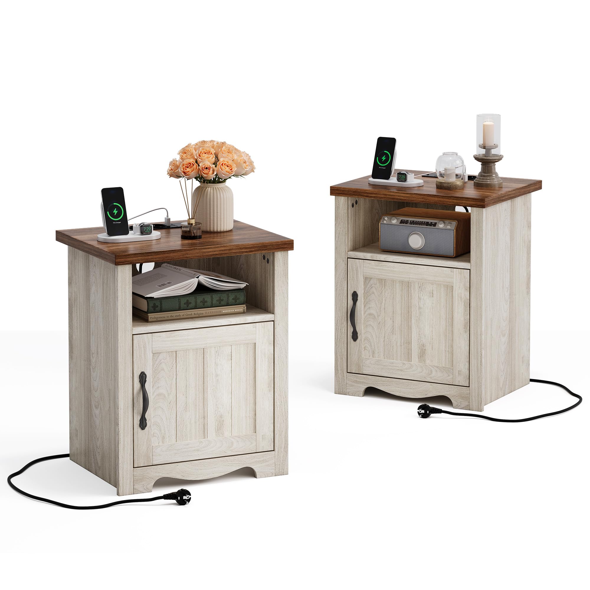 LINSY HOME Bedside Table Set of 2, 48 cm Wide Wooden Side Table with Socket, Bedside Cabinet for Bedroom, Living Room, Couch with USB Ports and Sockets, Bedside Table with Storage Space, 48 x 40 x 60 cm, Beige