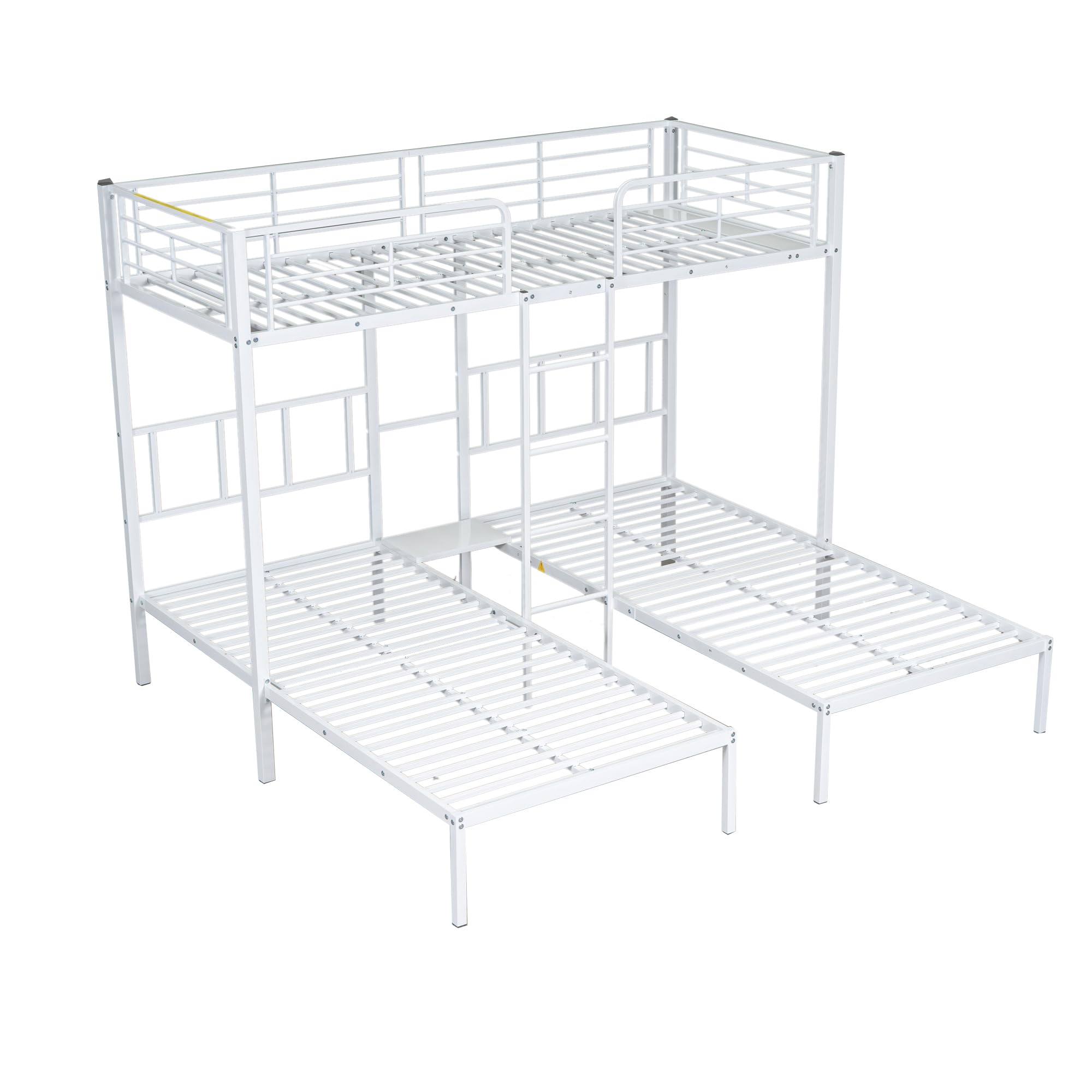 Litera triple con escalera para niños y adolescentes, cama de hierro con rejilla anticaídas y mesa, 90 x 200 cm x 3 (blanco)