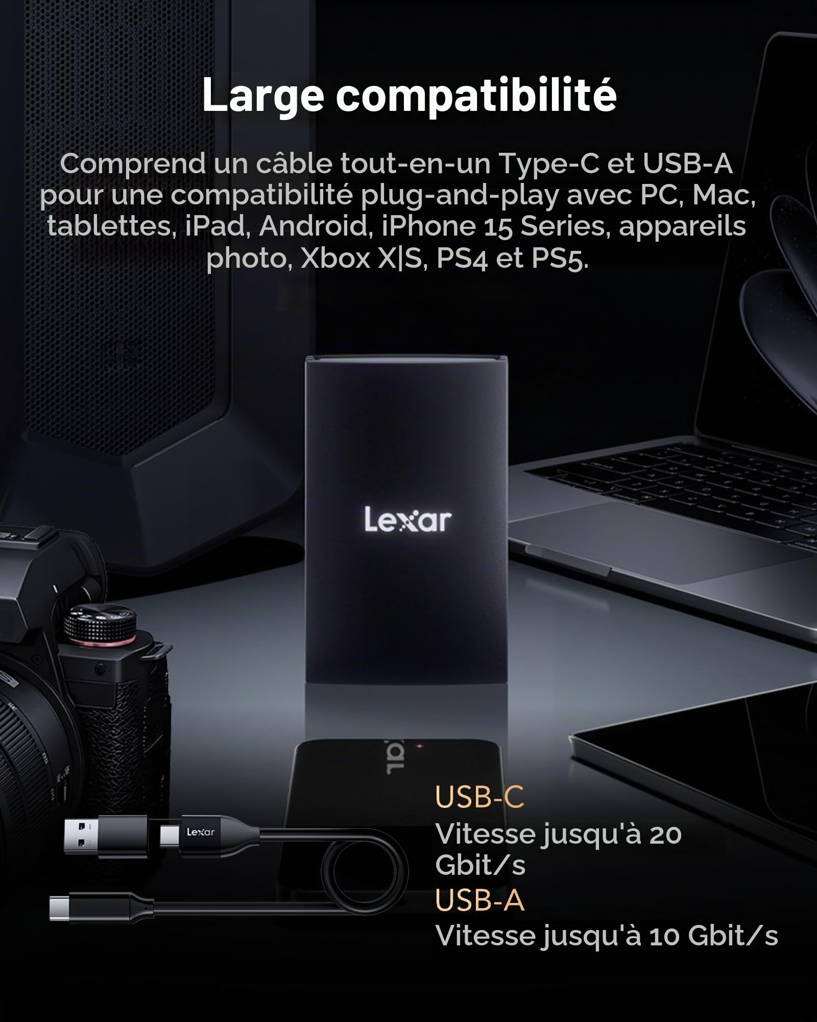 Lexar Armor 700 SSD Portable 4To, jusqu'à 2000 Mo/s en Lecture et écriture USB 3.2 Gen 2x2, SSD Externe IP66 résistant à l'eau et Poussière, Compatible avec Mac/PC, iPhone 15 Pro(LAR700X004T-RNBNG)