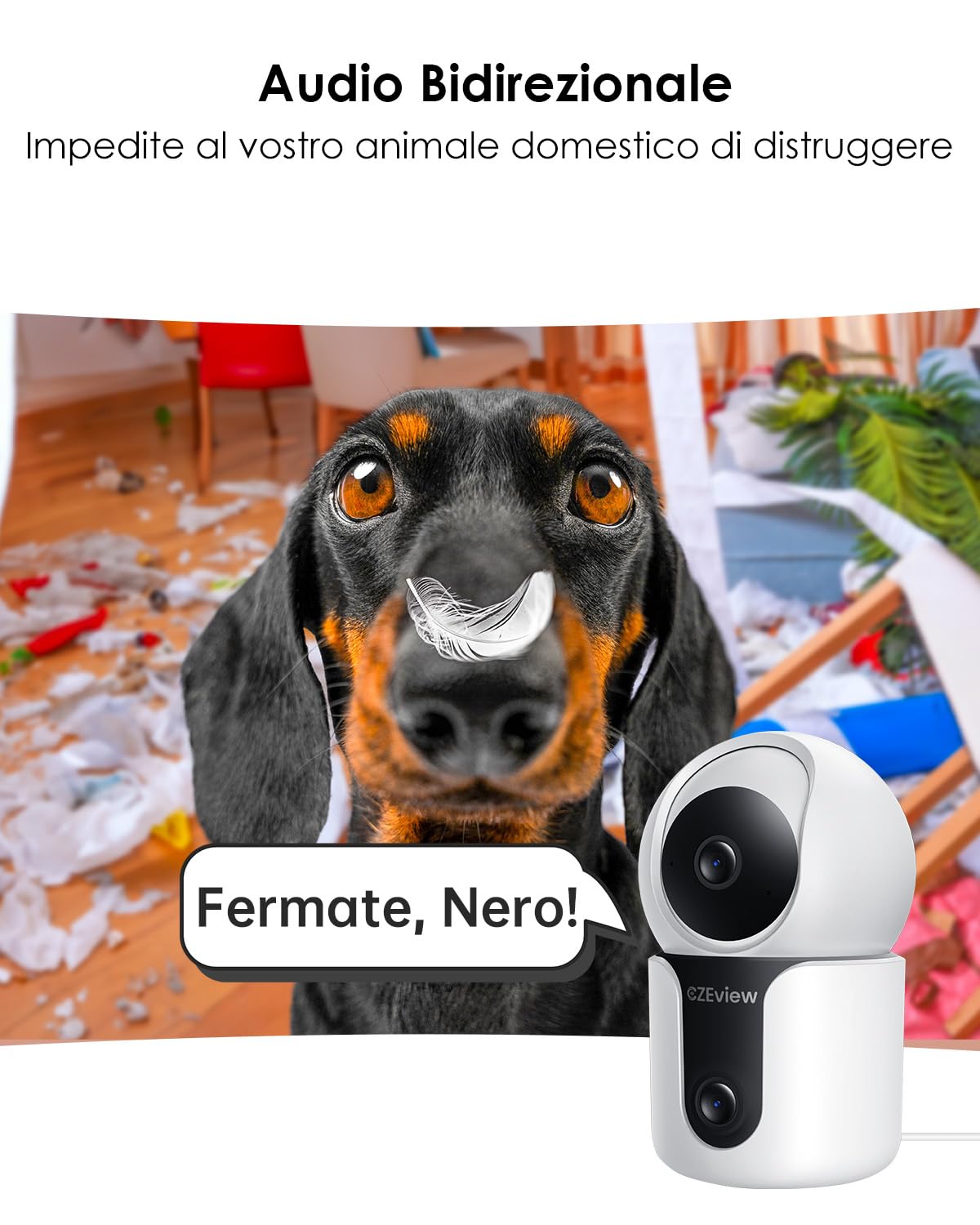 CZEview Telecamera di sorveglianza a doppia lente 2K, per interni, animali e cani | Doppia fotocamera, monitoraggio del movimento, comunicazione bidirezionale, PTZ a 360°, modalità privacy