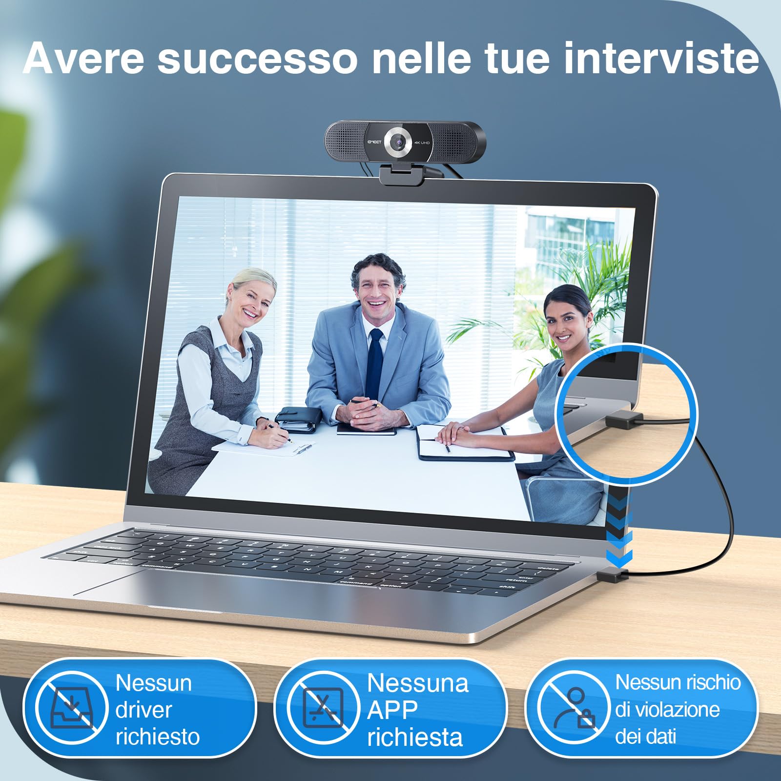 EMEET Webcam 4K 3 in 1, Webcam C980 PRO 4K con 4 Microfoni con Cancellazione del Rumore e 2 Altoparlanti, Grandangolo 60°-98°, Web Cam Ideale per Videochiamate di Gruppo e Individuali