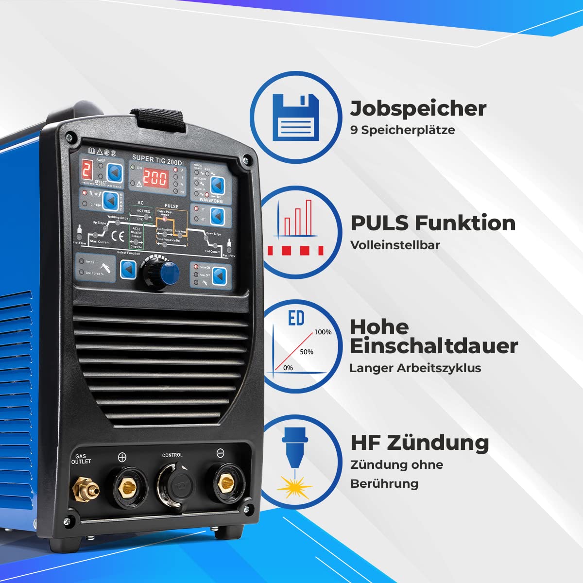 IPOTOOLS SUPERTIG 200DI WIG Schweißgerät AC DC Schweissgerät mit 200 Amper Volldigitales Inverterschweißgerät Inkl HF-Zündung, Pulsfunktion, MMA, IGBT, 7 Jahre Garantie