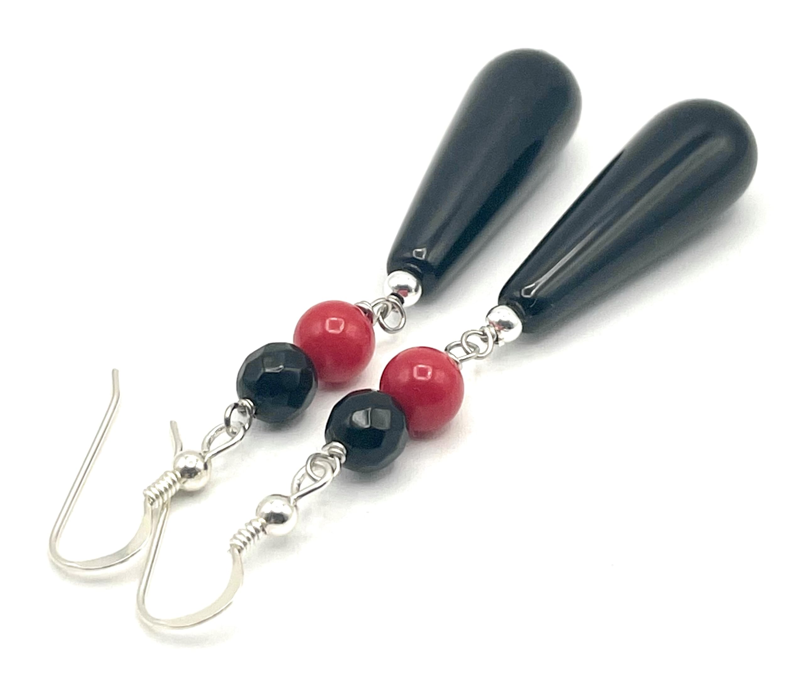 Orecchini in Onice Nero e Corallo Rosso, Pendenti Lunghi in Argento 925, Gioielli Pietre Dure, Bijoux Artigianali, Regalo per Lei