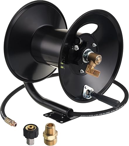 Miniatura 7 de M MINGLE Carrete de manguera para lavadora a presión de 100 pies, carrete de manguera de acero resistente, carrete de manguera de lavadora manual