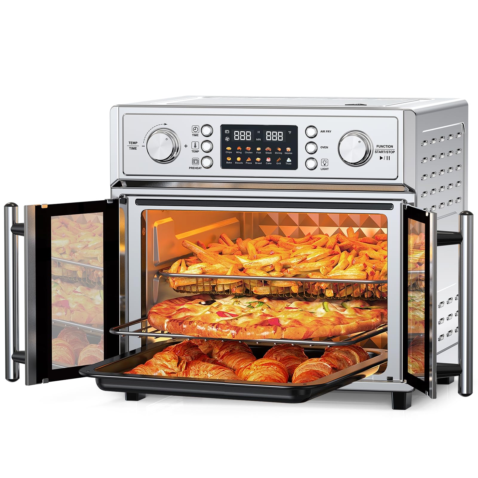 PlumChef 14 Presets 27.5 Quart Extra Large 6 Slices Air Fryer Convection Toaster Oven, French Door, digital Led Control,1700W, Multifunction Oven