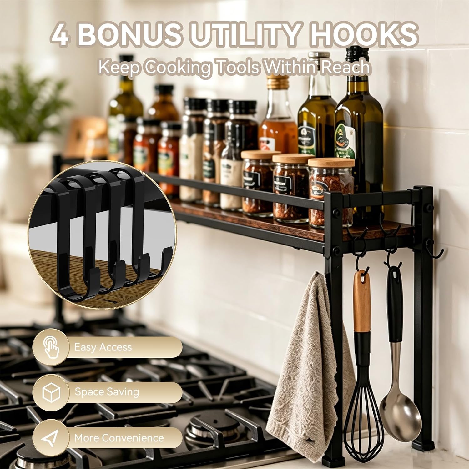 Adjustable Over the Stove Shelf, Spice Rack Shelf for Kitchen Stove with 4 Hooks, Stove Top Shelf with Extra Countertop Storage, Rustic Wood & Solid Metal Seasoning Organizer, Easy to Assemble, Black