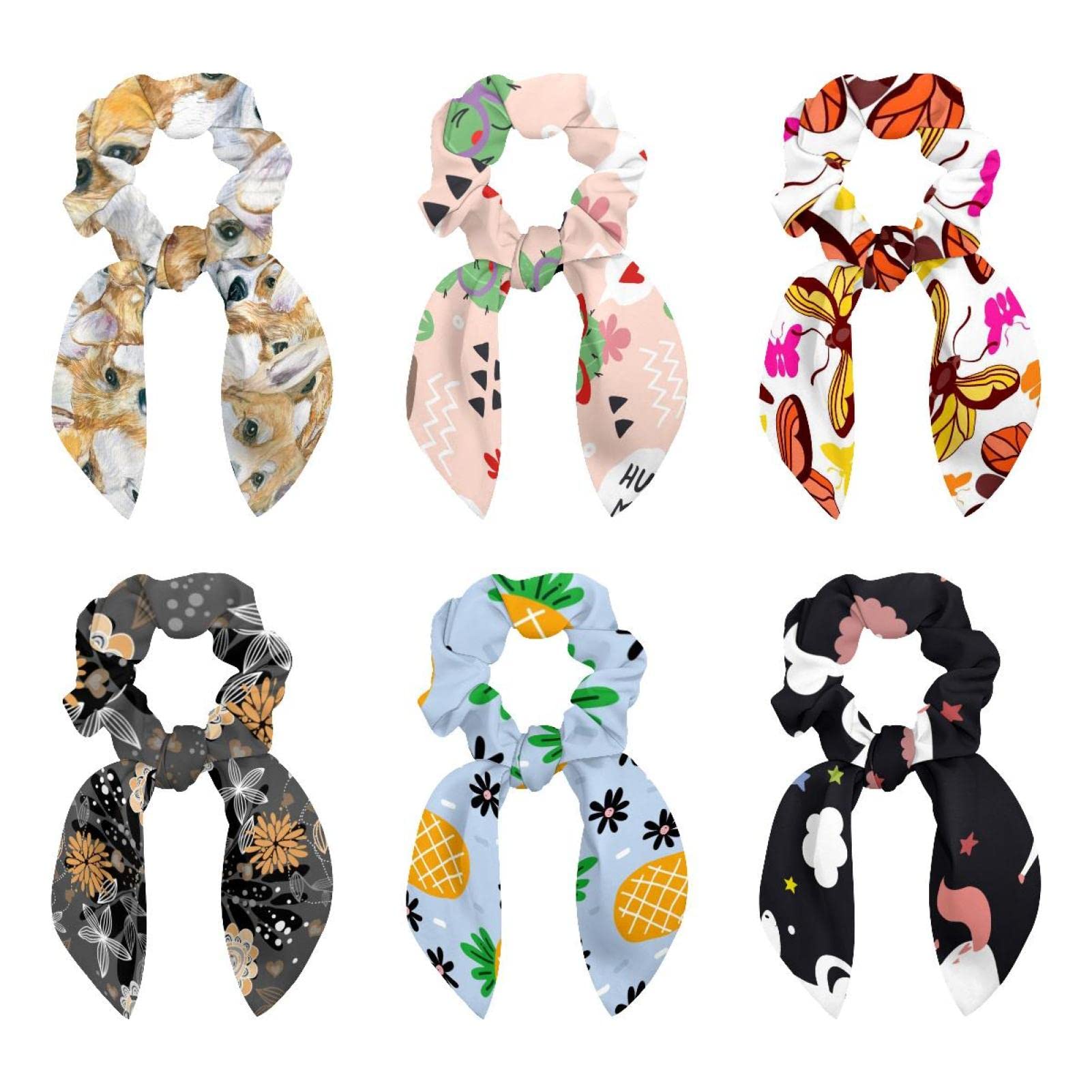 6 PCS Rabbit Bunny Ear Bow Bowknot Scrunchie Funny Cartoon Cacti Cactus Smiling Hello Printed Hairband Girls 2 in 1 Hair Accessories Women Ponytail Scarf Hair Ties