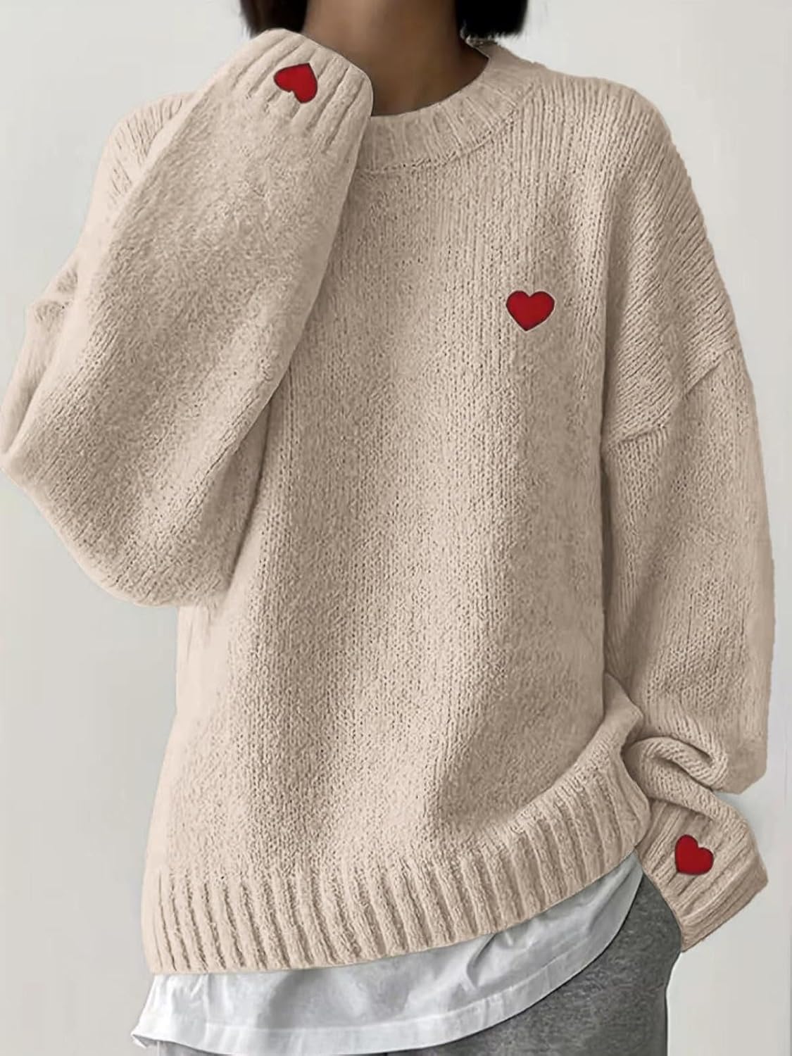 Women’s Heart Embroidery Soft Sweaters Long Sleeve Crew Neck Casual Spring Fall Oversized Knit Pullover Tops - Image 4
