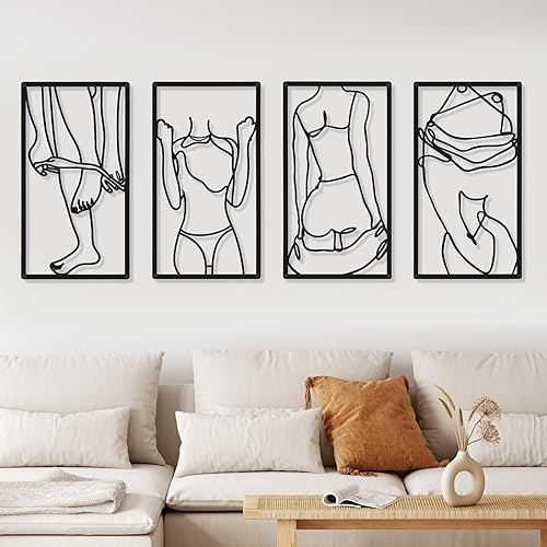 Cindeer 4 piezas de arte de pared de metal minimalista abstracto para mujer, línea de arte de pared, dibujo de líneas de metal, arte colgante para